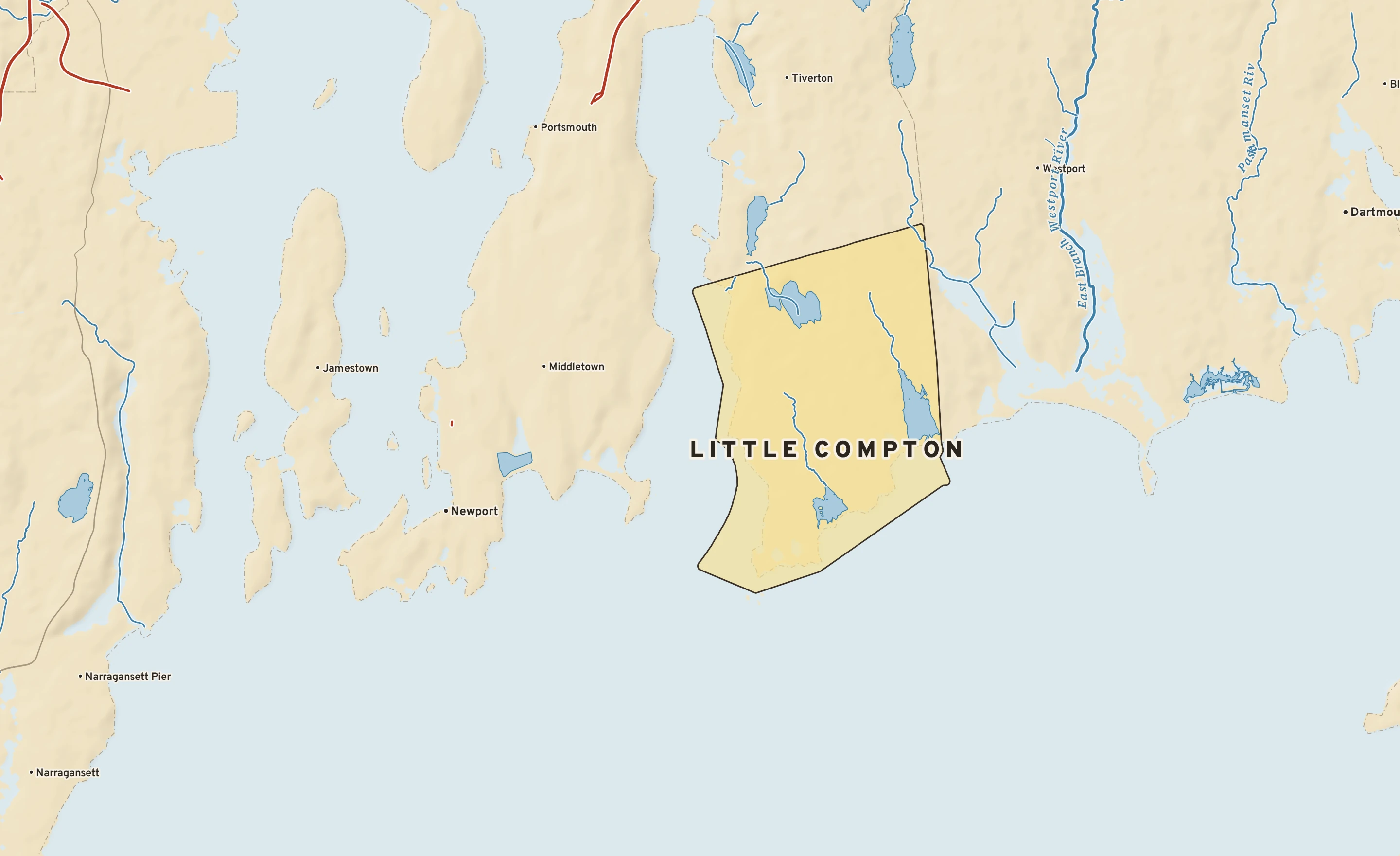 Shaded-relief atlas plate of Little Compton, Rhode Island: rivers, roads, the city limits and where the water drains.