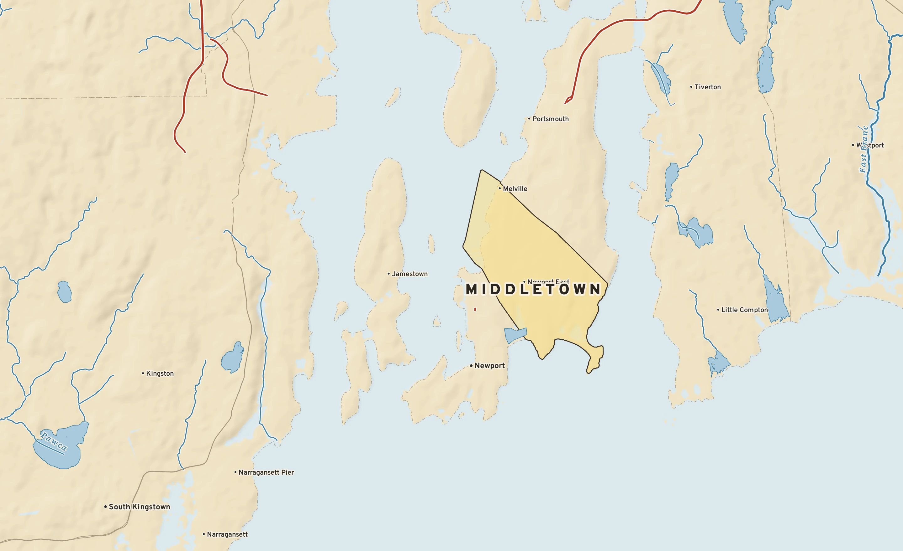 Shaded-relief atlas plate of Middletown, Rhode Island: rivers, roads, the city limits and where the water drains.