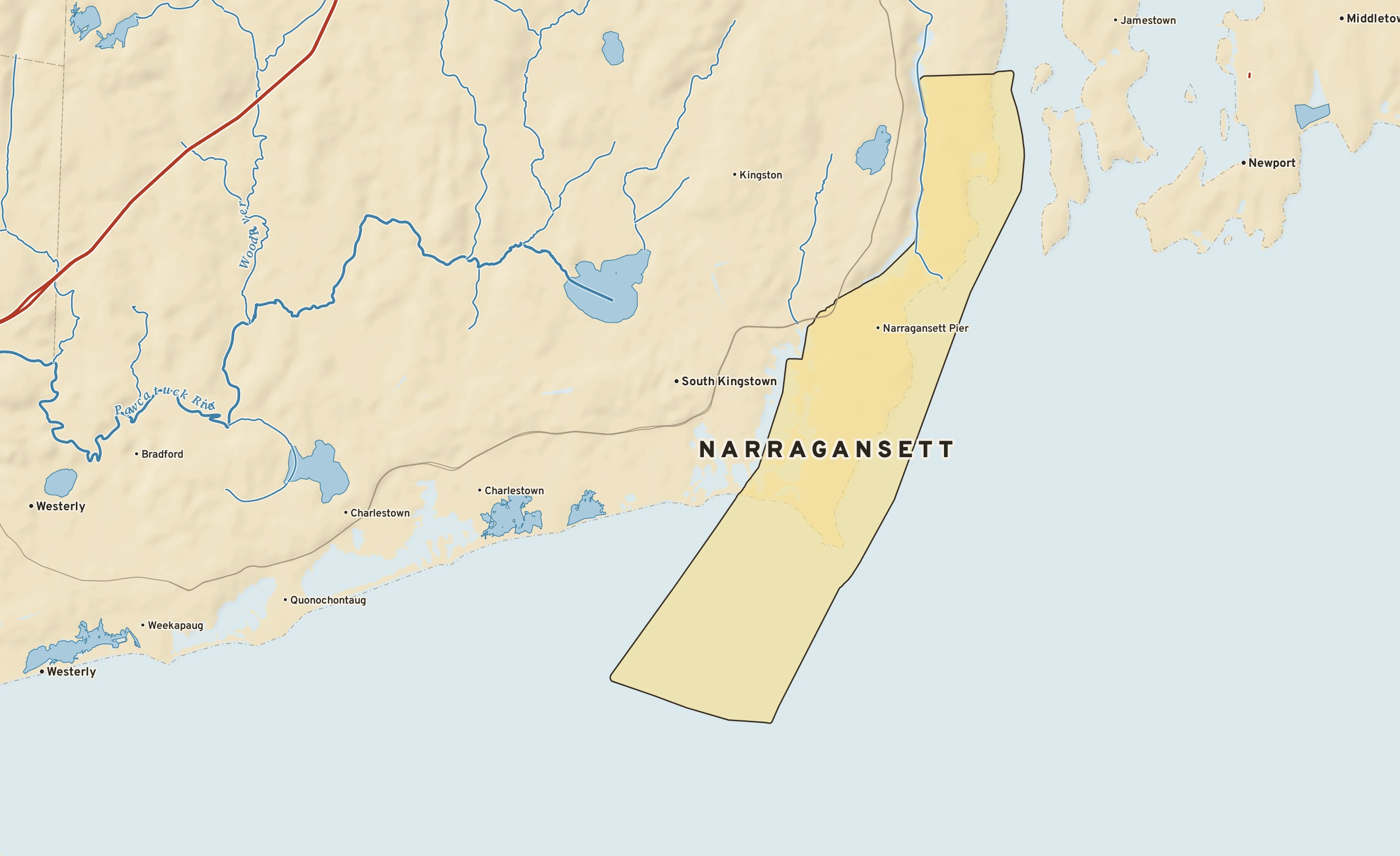 Shaded-relief atlas plate of Narragansett, Rhode Island: rivers, roads, the city limits and where the water drains.