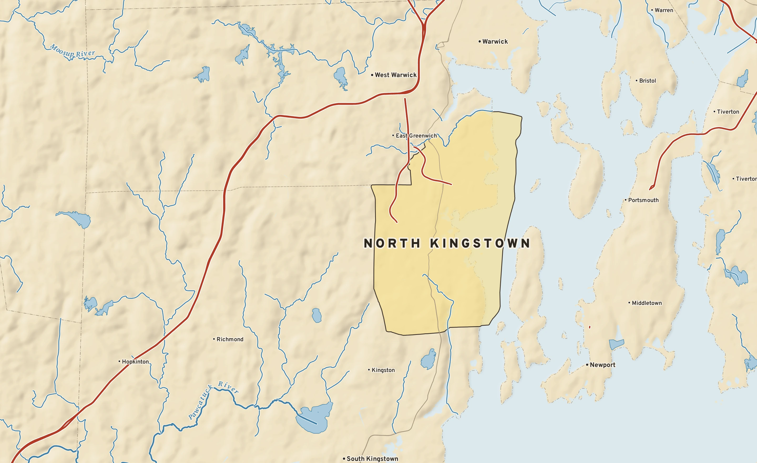 Shaded-relief atlas plate of North Kingstown, Rhode Island: rivers, roads, the city limits and where the water drains.