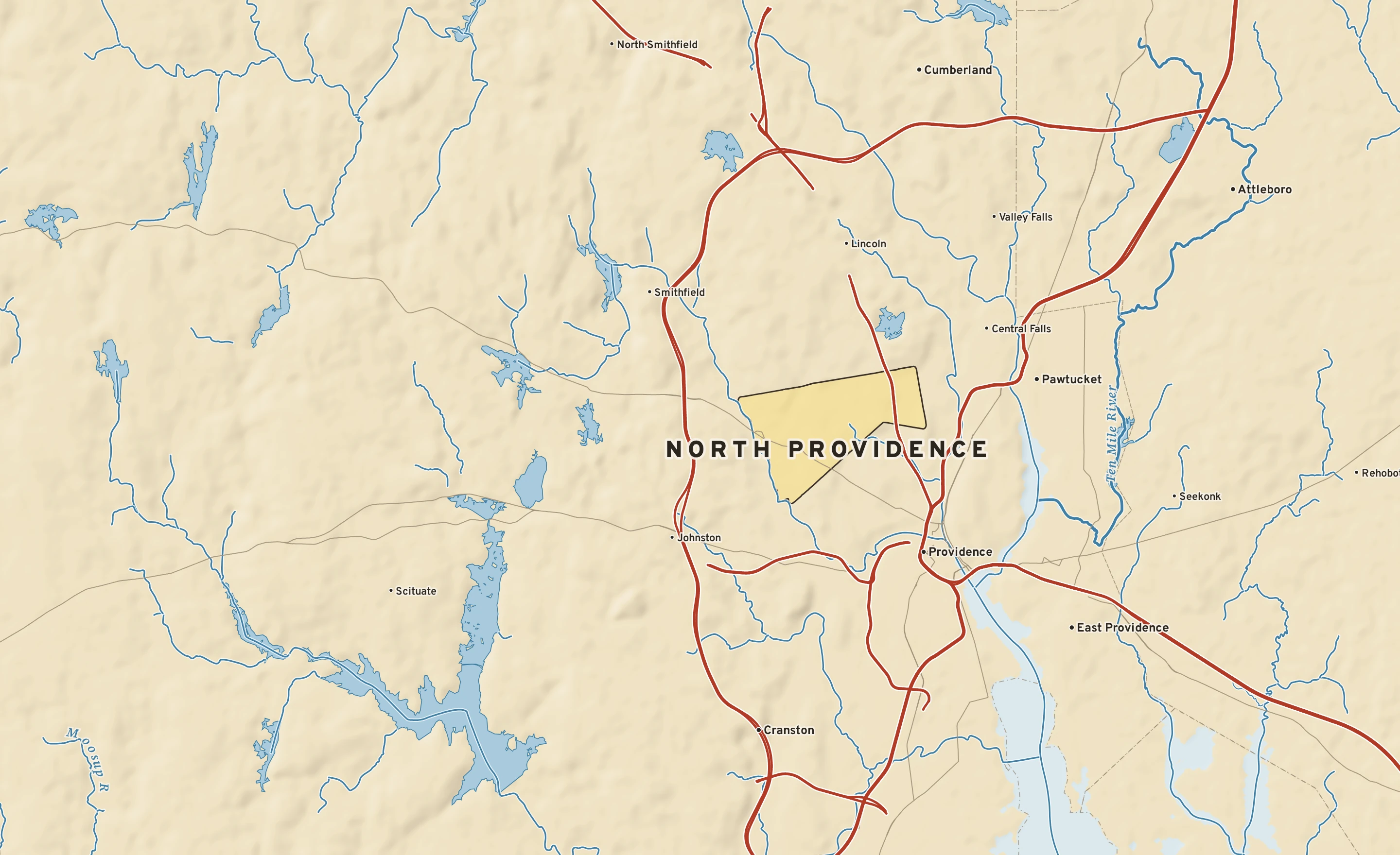 Shaded-relief atlas plate of North Providence, Rhode Island: rivers, roads, the city limits and where the water drains.