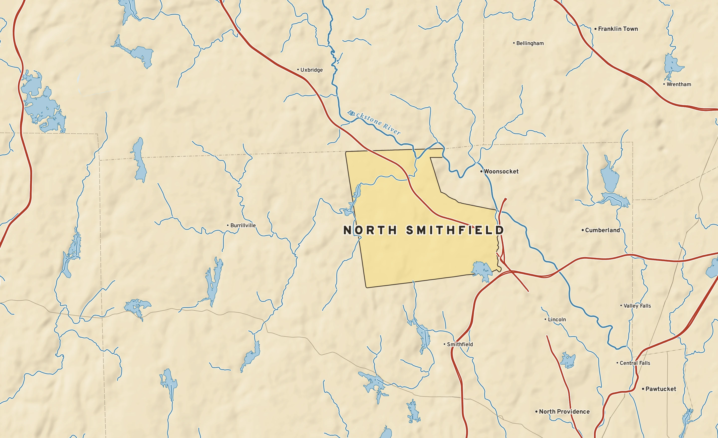 Shaded-relief atlas plate of North Smithfield, Rhode Island: rivers, roads, the city limits and where the water drains.