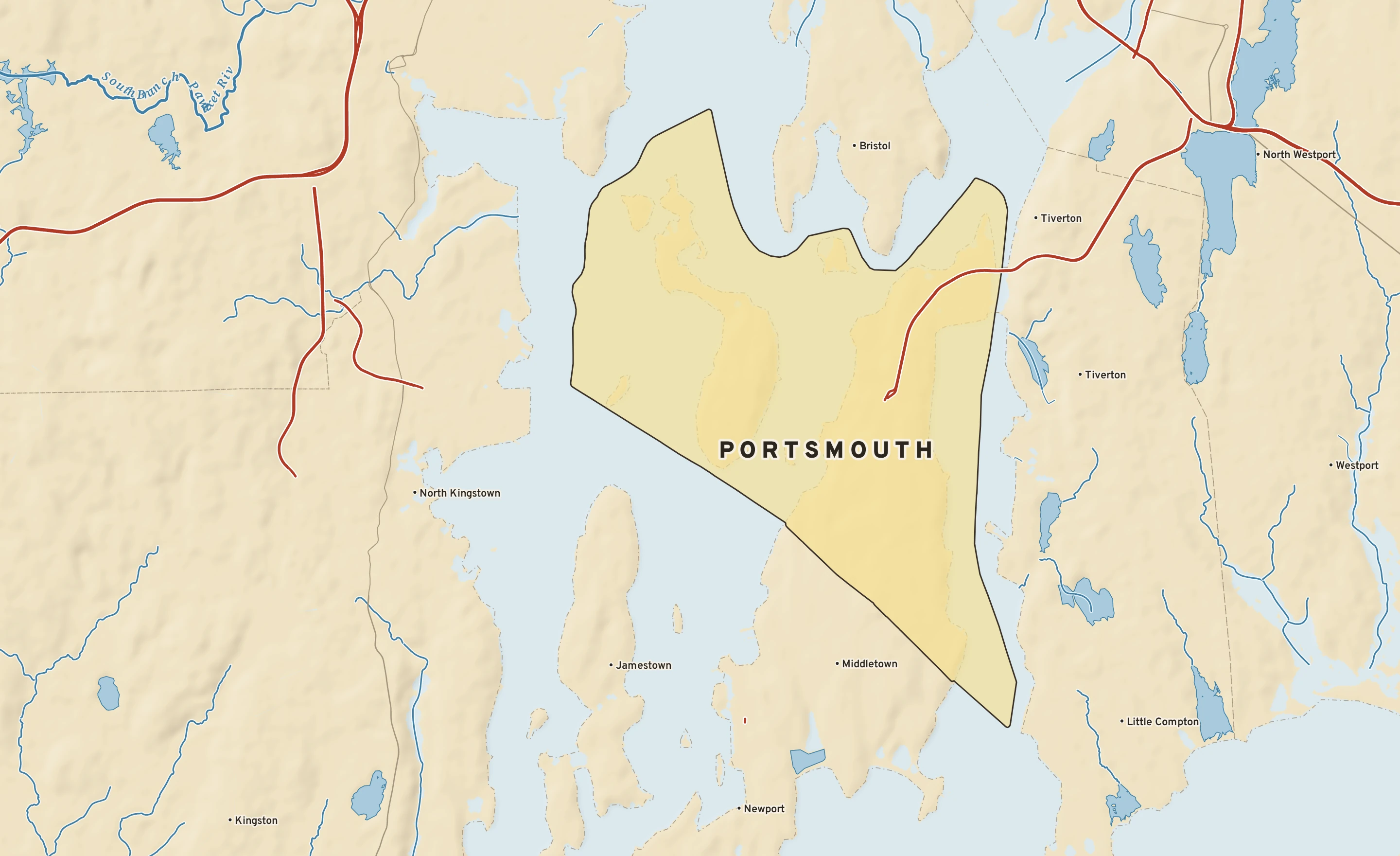 Shaded-relief atlas plate of Portsmouth, Rhode Island: rivers, roads, the city limits and where the water drains.