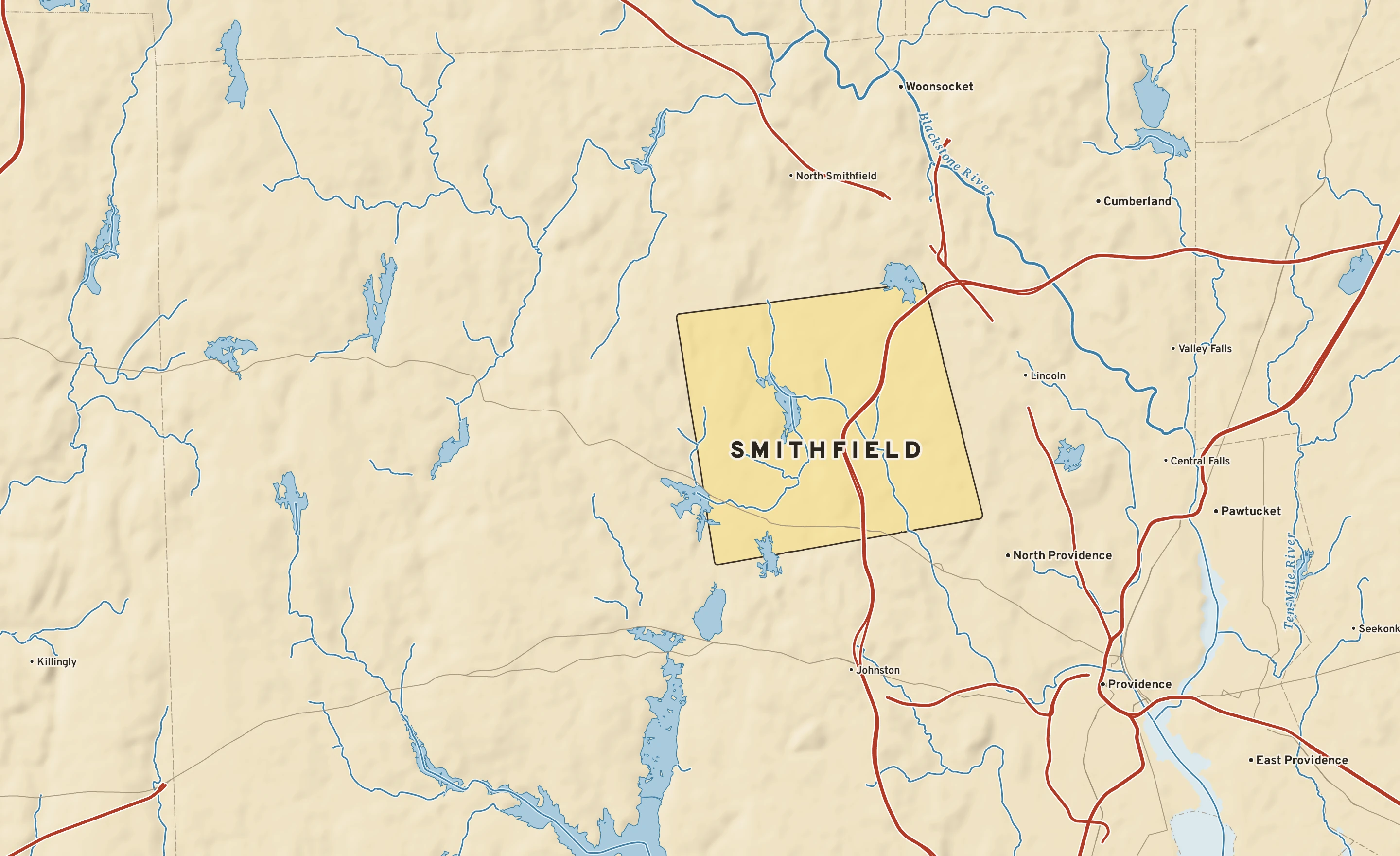 Shaded-relief atlas plate of Smithfield, Rhode Island: rivers, roads, the city limits and where the water drains.