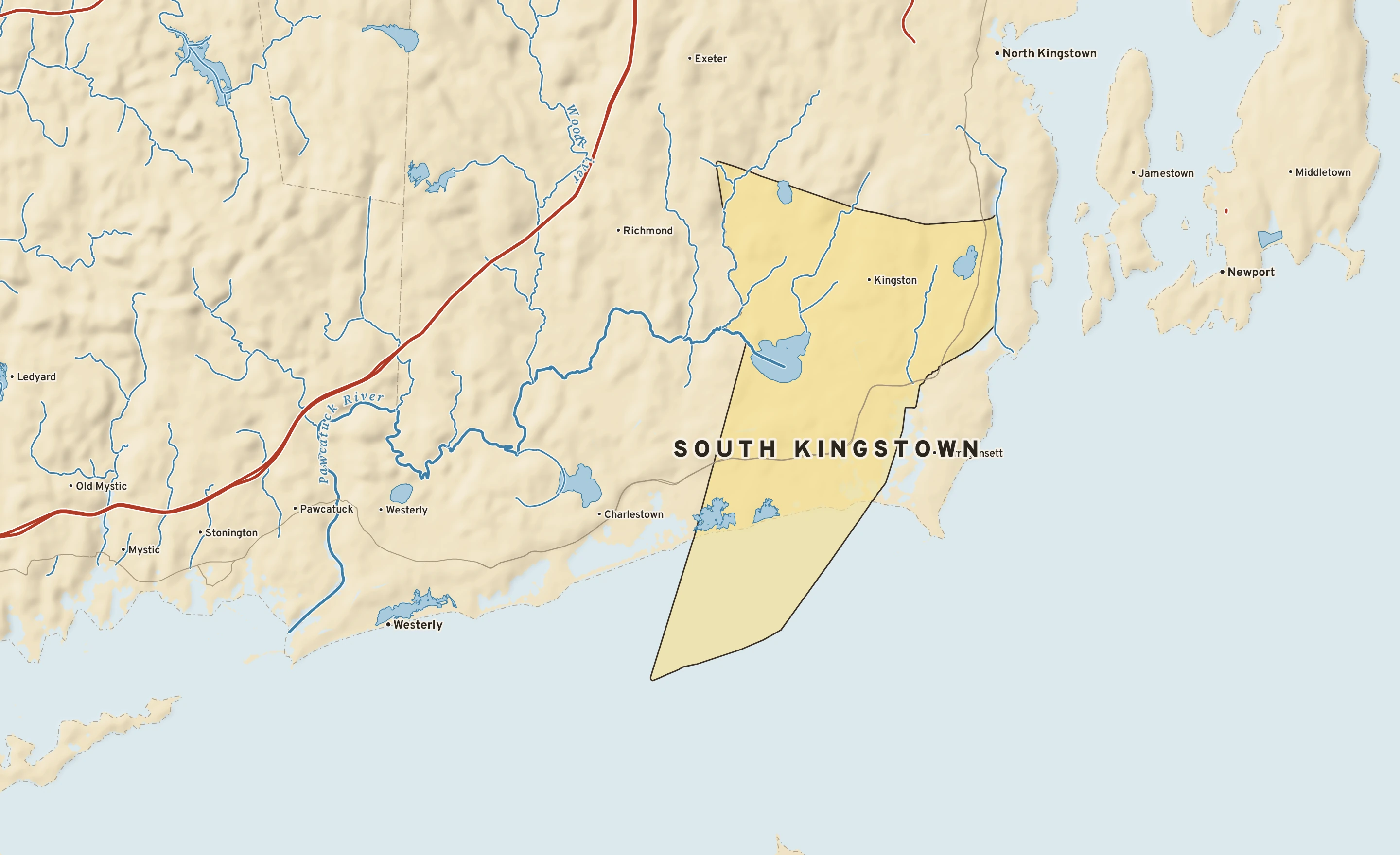 Shaded-relief atlas plate of South Kingstown, Rhode Island: rivers, roads, the city limits and where the water drains.