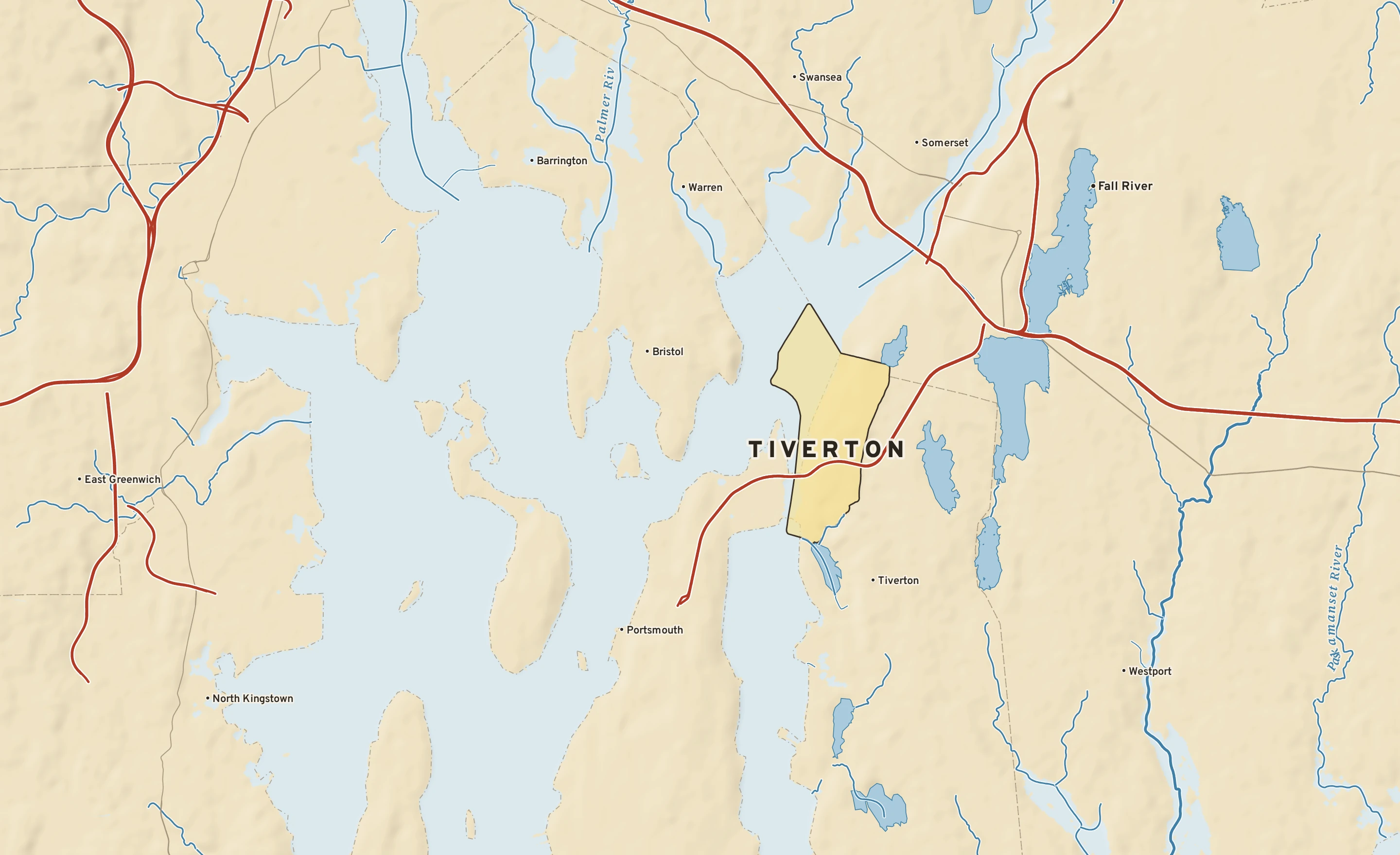 Shaded-relief atlas plate of Tiverton, Rhode Island: rivers, roads, the city limits and where the water drains.