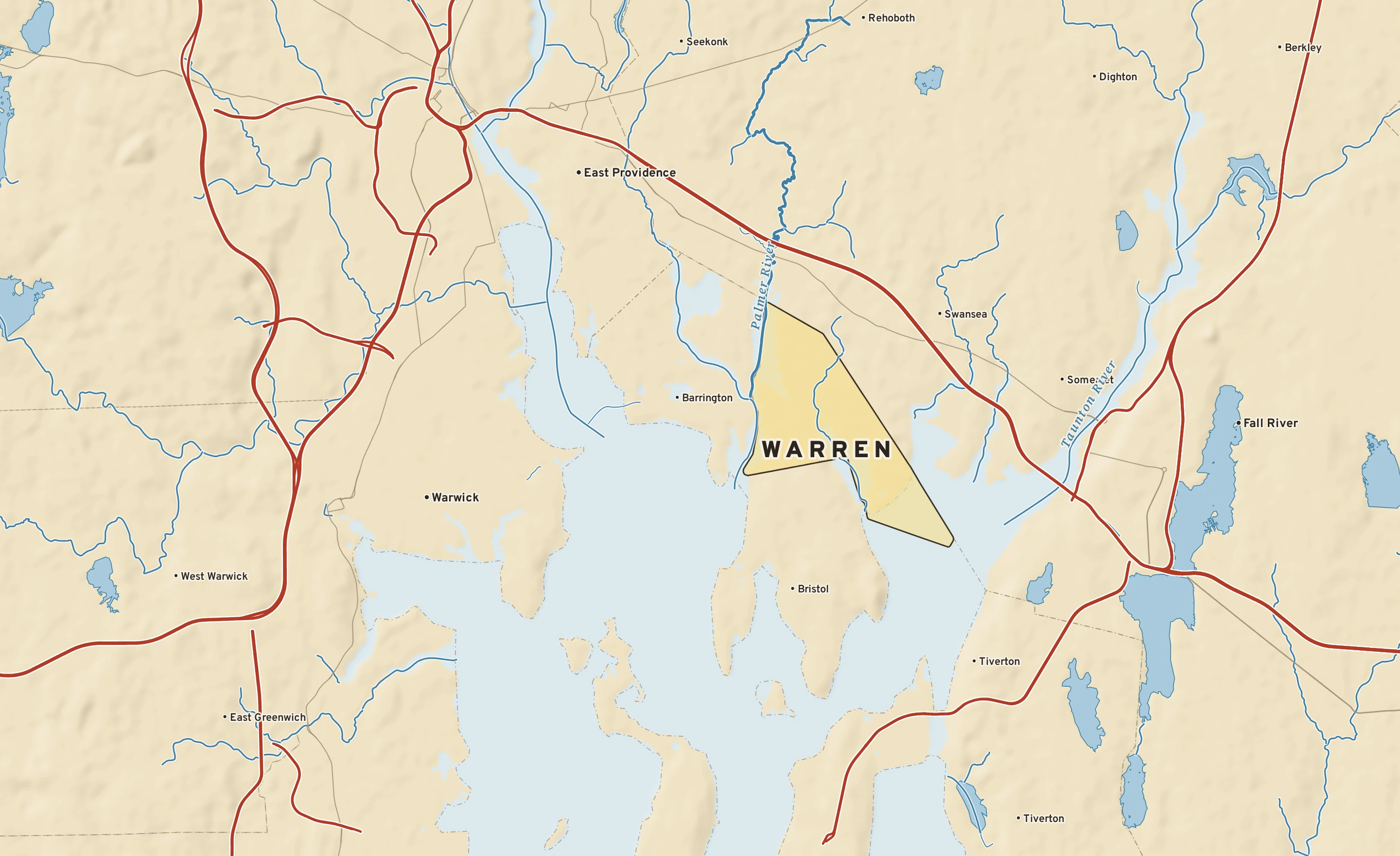Shaded-relief atlas plate of Warren, Rhode Island: rivers, roads, the city limits and where the water drains.