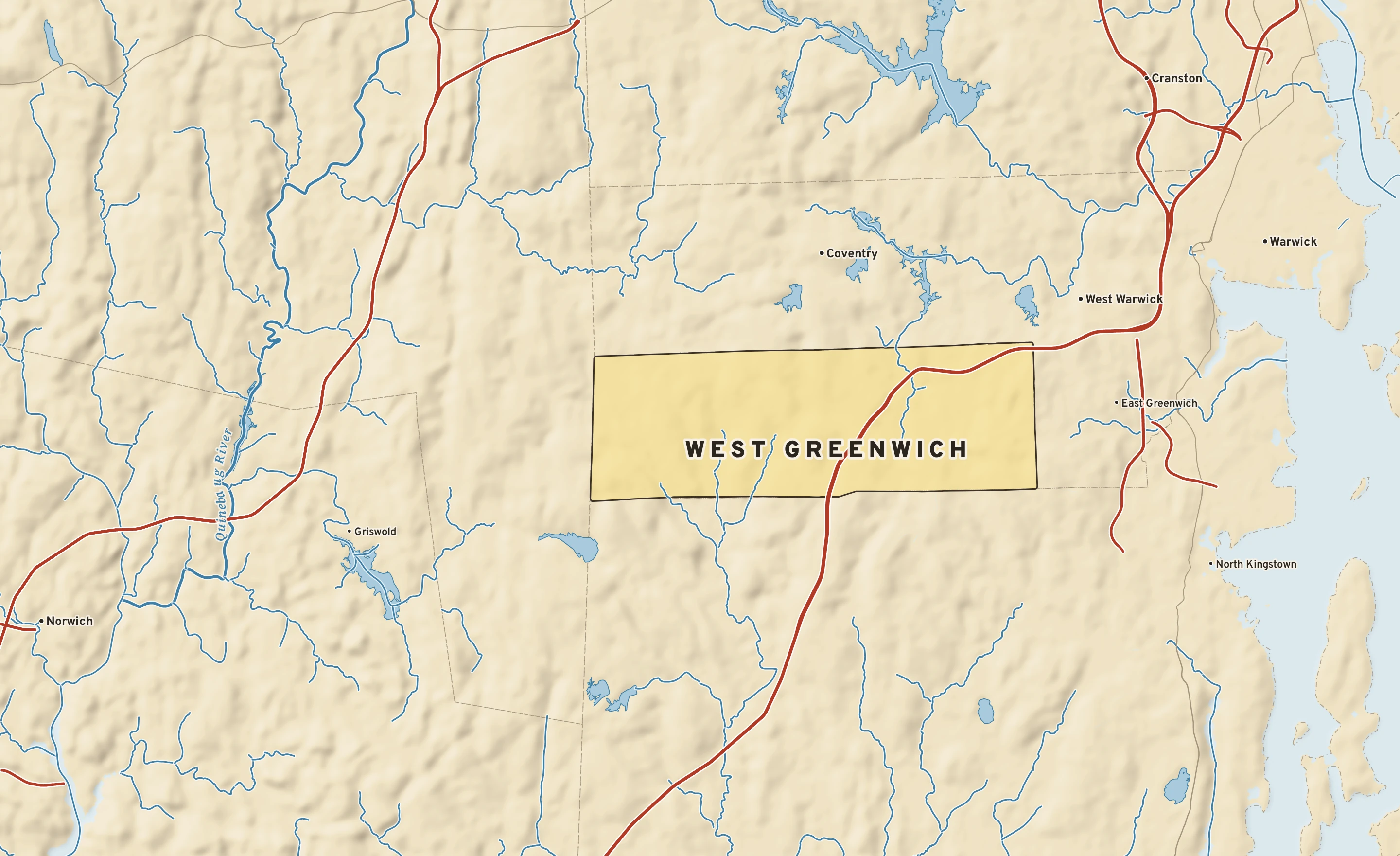Shaded-relief atlas plate of West Greenwich, Rhode Island: rivers, roads, the city limits and where the water drains.