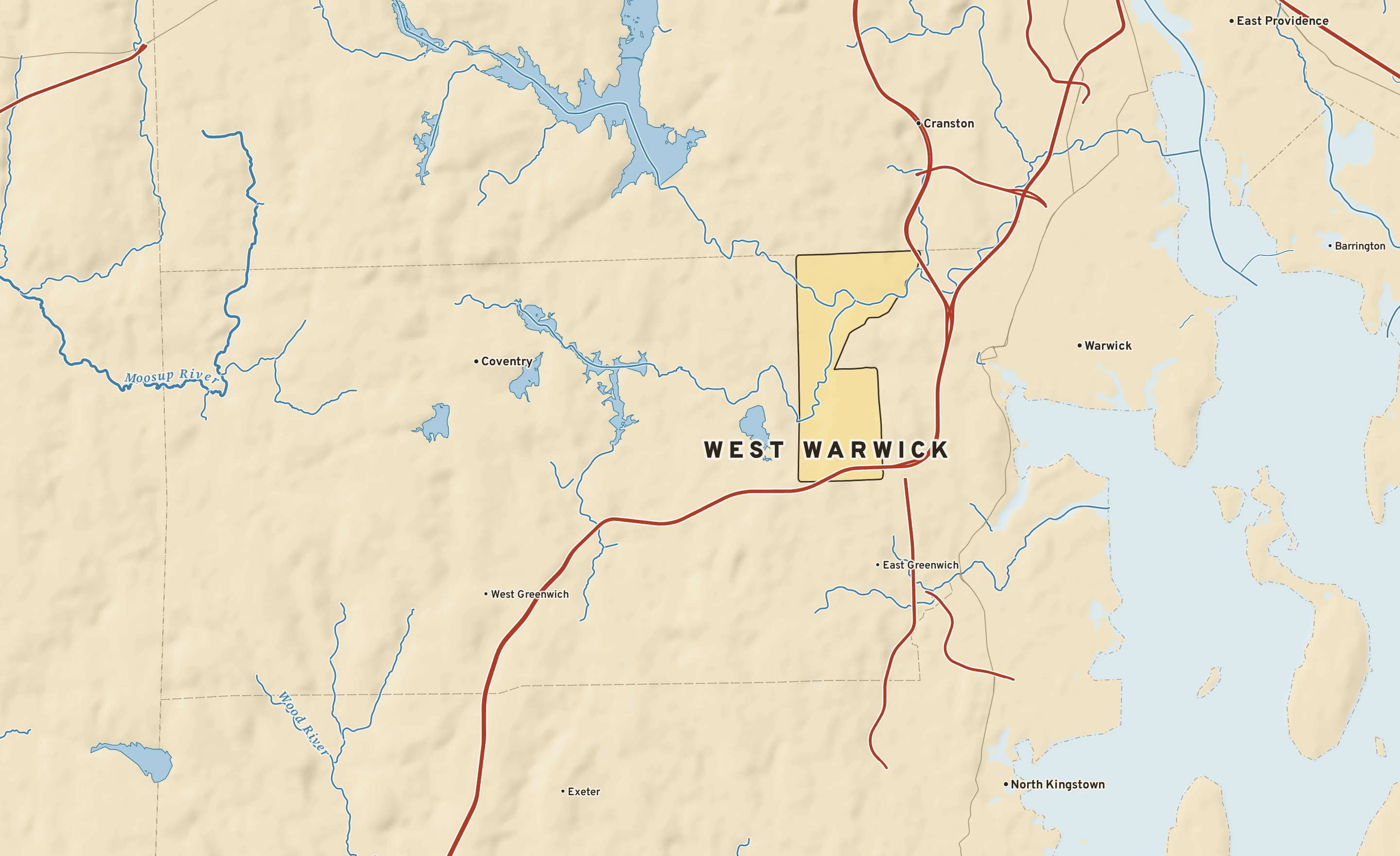 Shaded-relief atlas plate of West Warwick, Rhode Island: rivers, roads, the city limits and where the water drains.