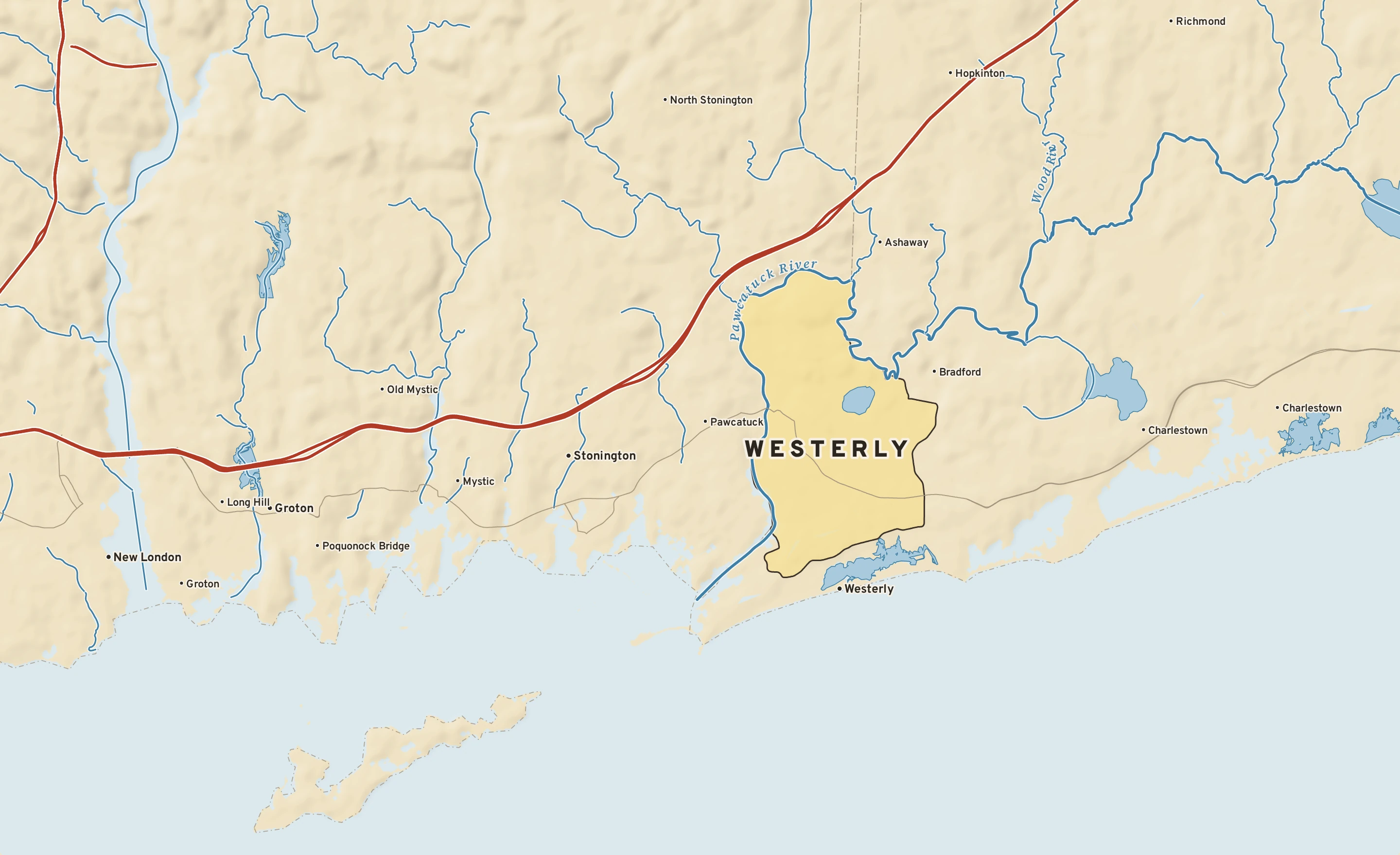 Shaded-relief atlas plate of Westerly, Rhode Island: rivers, roads, the city limits and where the water drains.