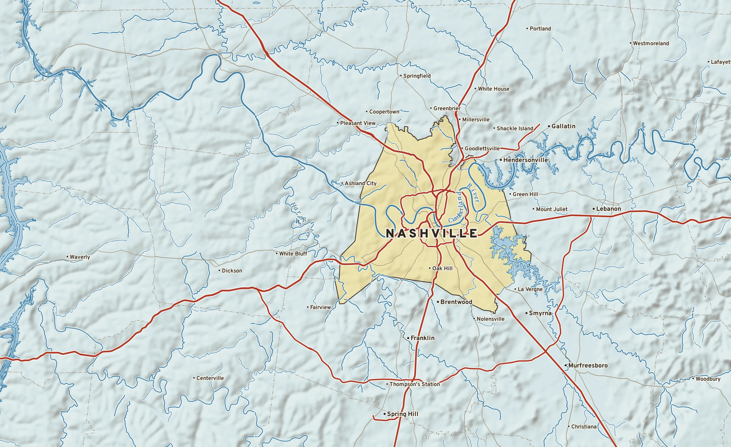 Shaded-relief atlas plate of Nashville, Tennessee: rivers, roads, the city limits and where the water drains.