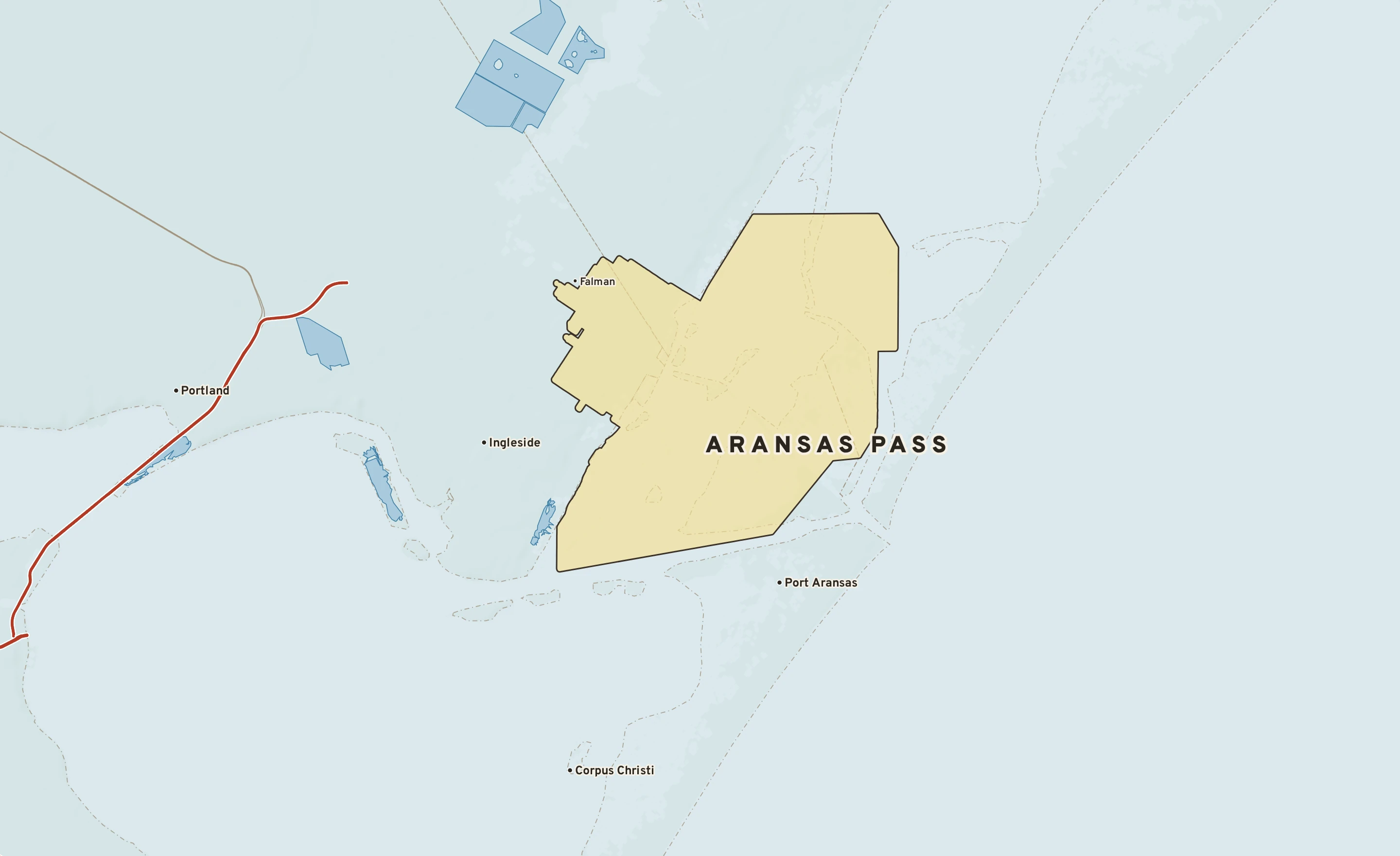 Shaded-relief atlas plate of Aransas Pass, Texas: rivers, roads, the city limits and where the water drains.