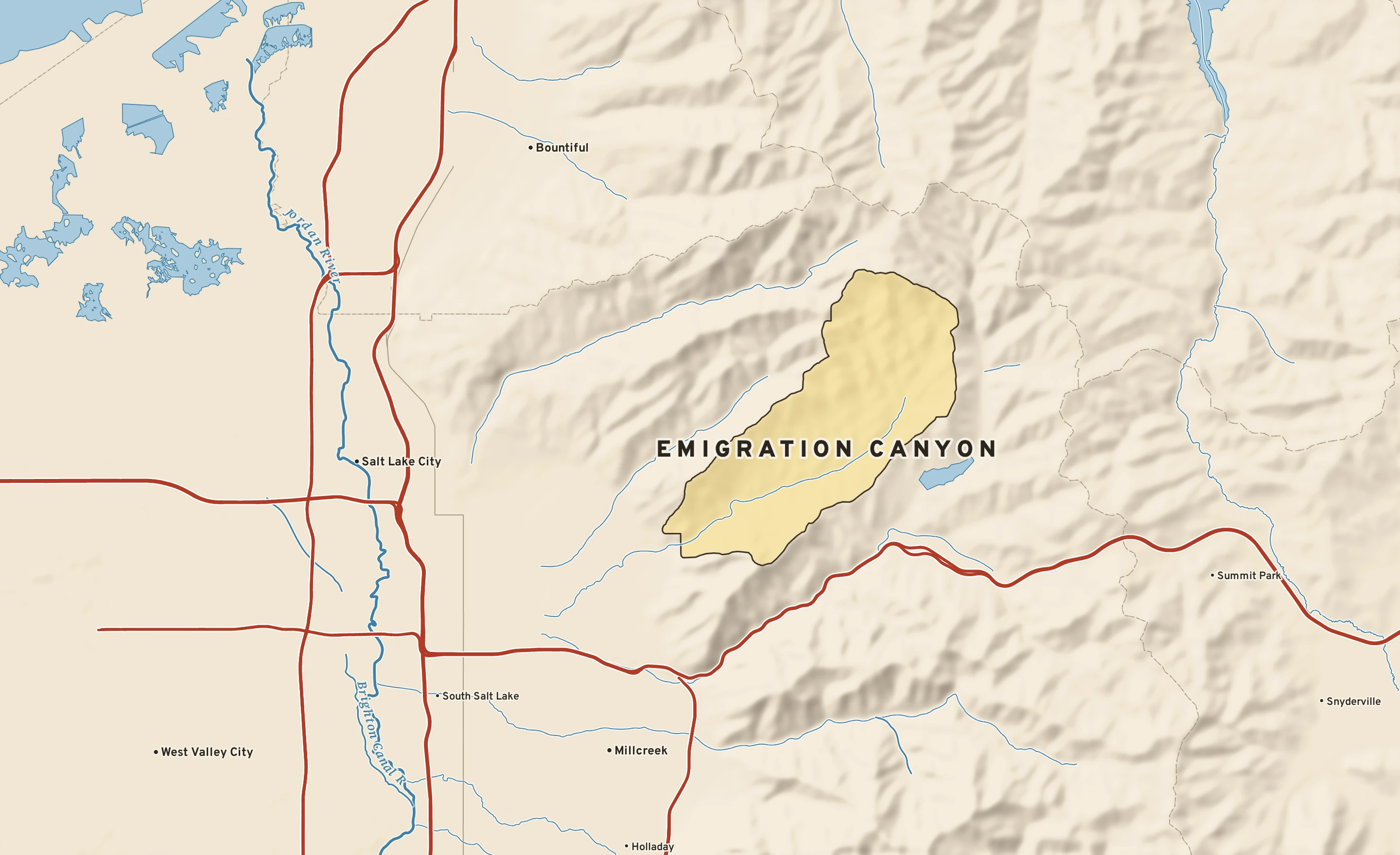 Shaded-relief atlas plate of Emigration Canyon, Utah: rivers, roads, the city limits and where the water drains.