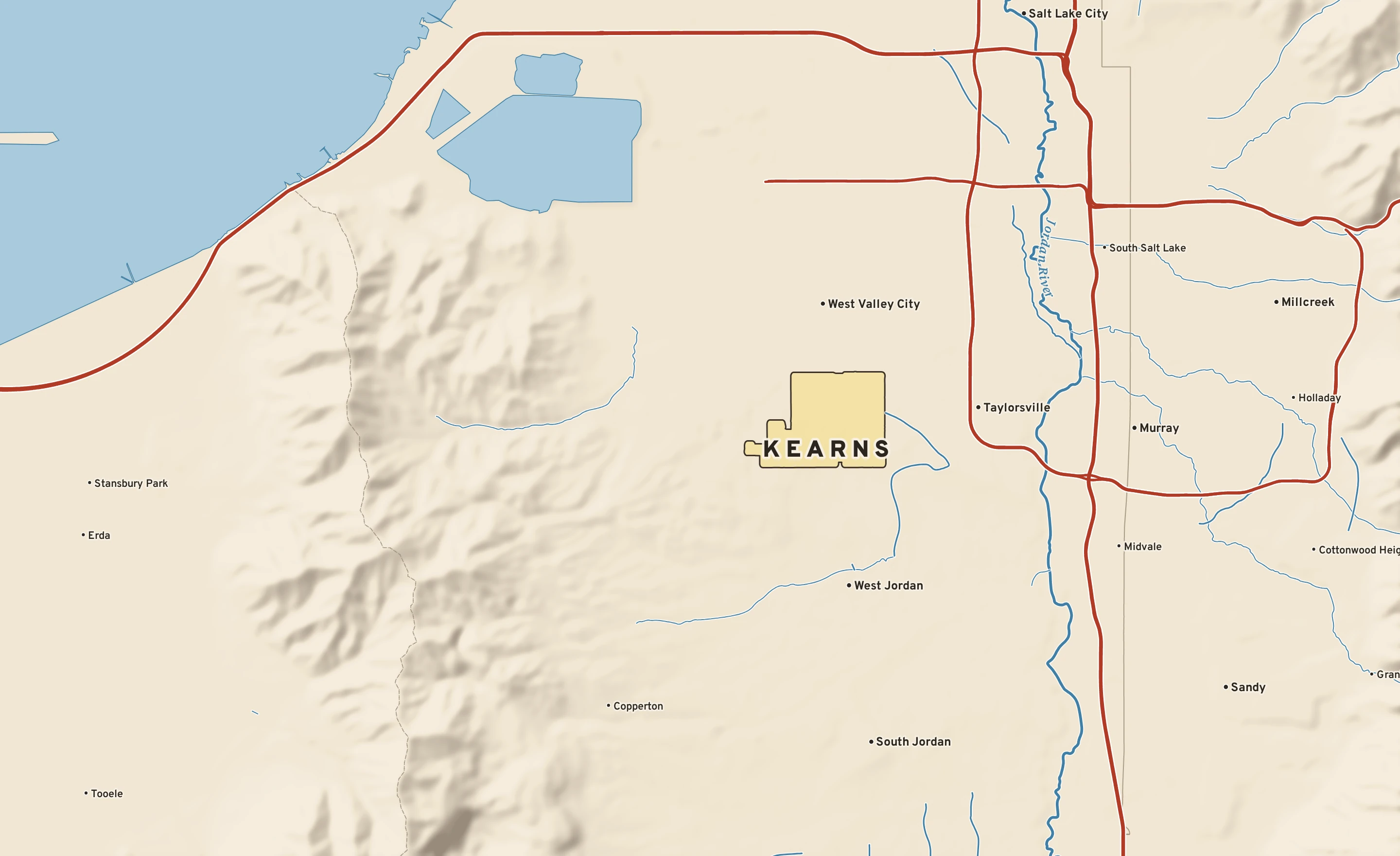 Shaded-relief atlas plate of Kearns, Utah: rivers, roads, the city limits and where the water drains.