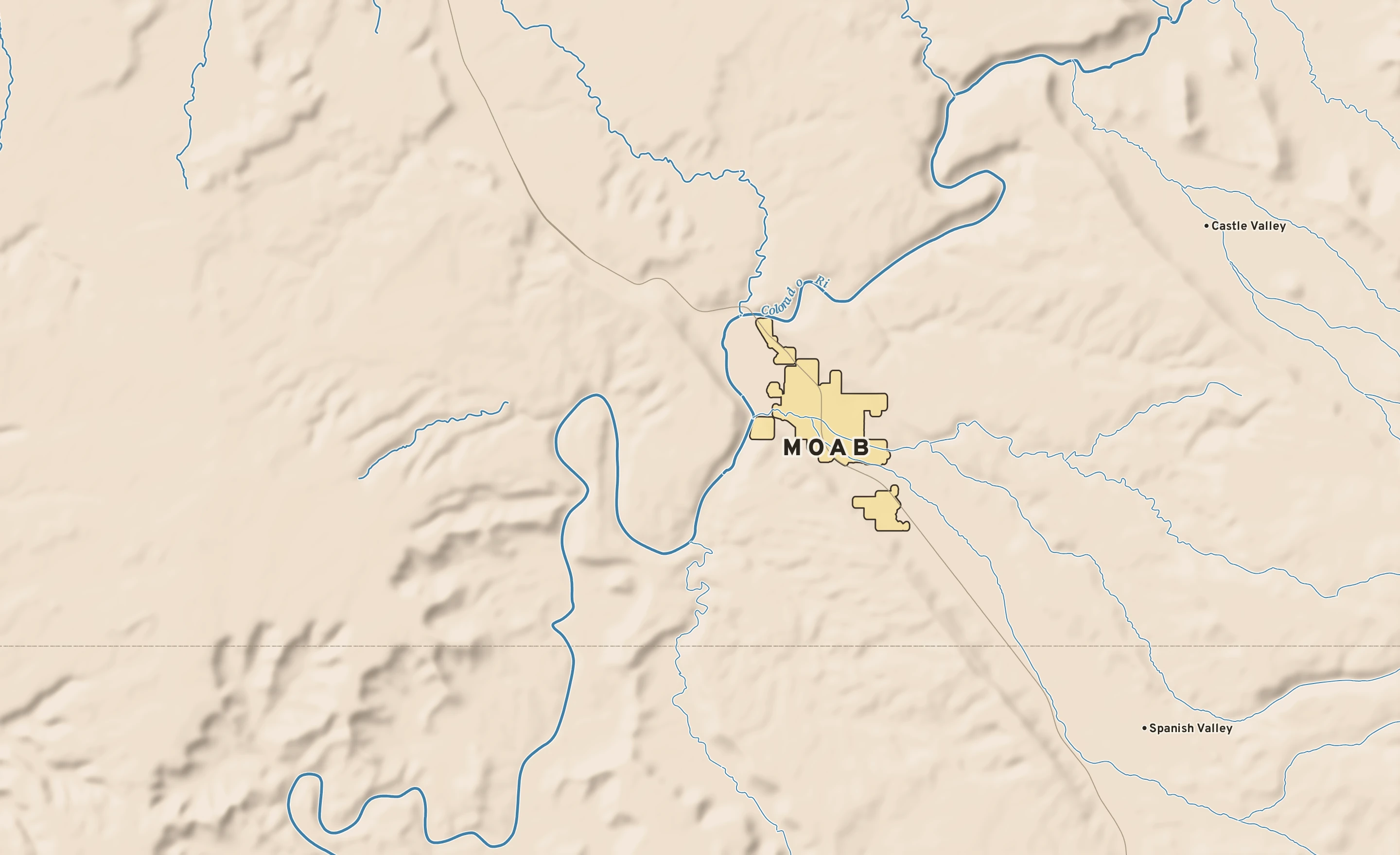 Shaded-relief atlas plate of Moab, Utah: rivers, roads, the city limits and where the water drains.