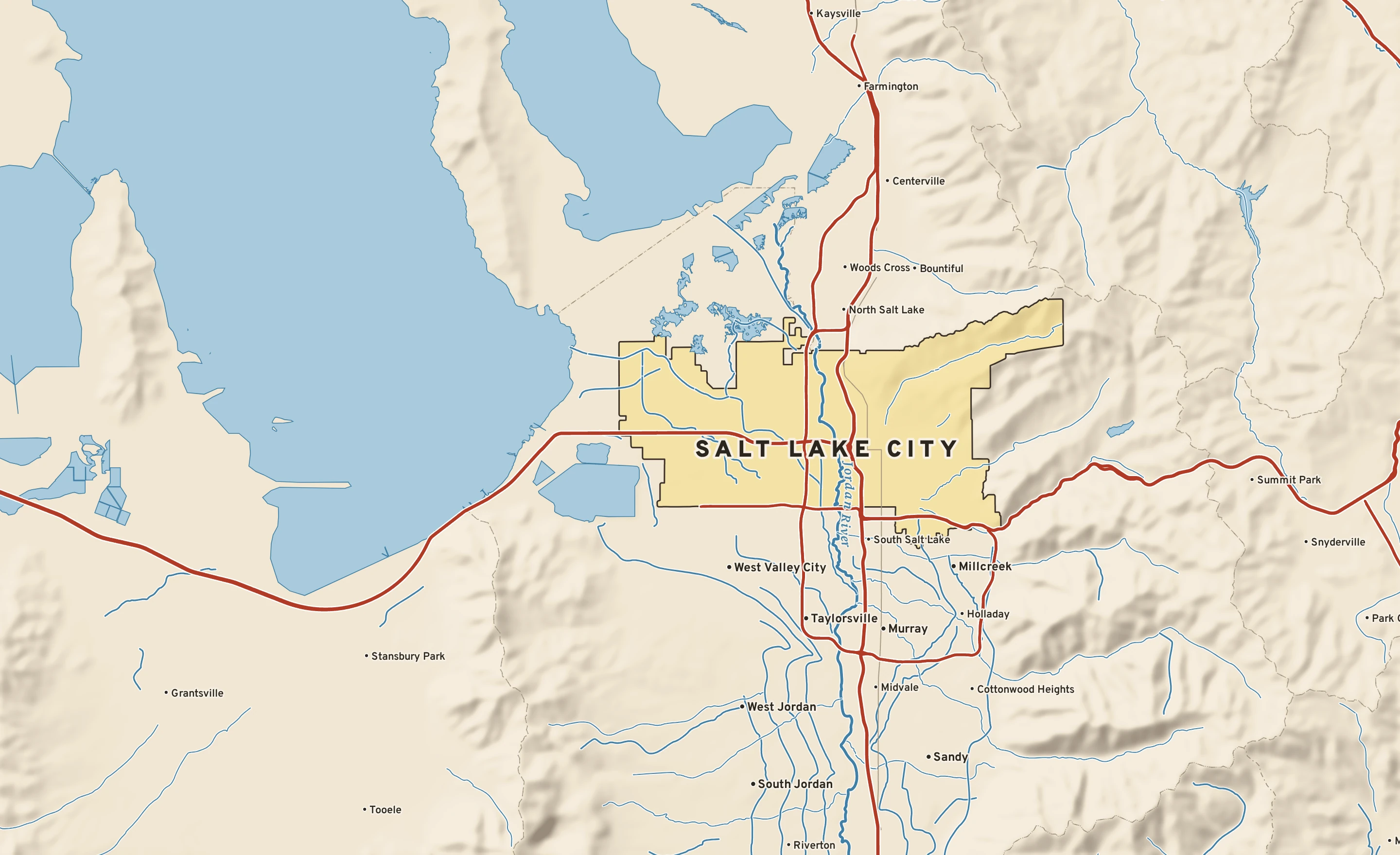 Shaded-relief atlas plate of Salt Lake City, Utah: rivers, roads, the city limits and where the water drains.