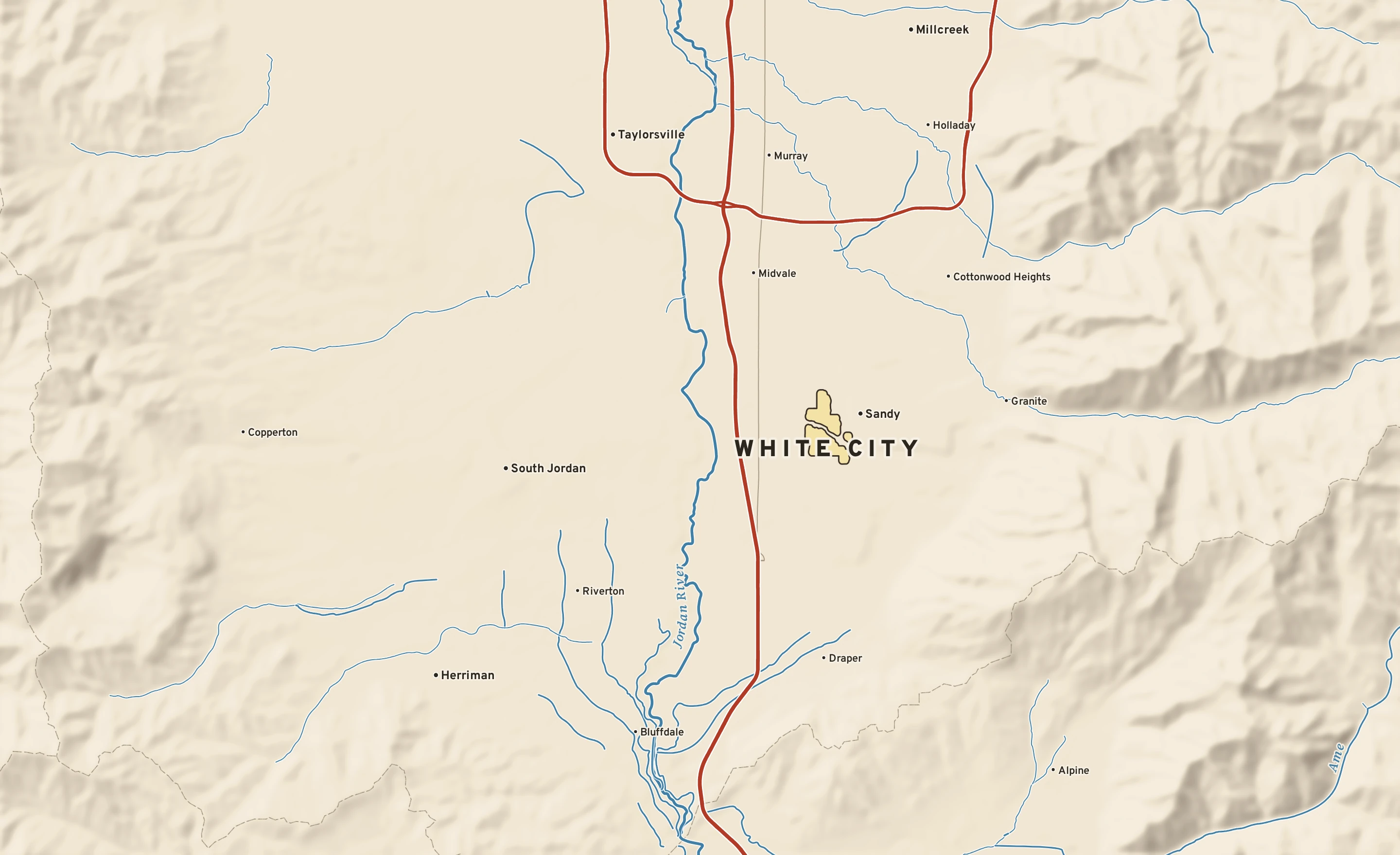 Shaded-relief atlas plate of White City, Utah: rivers, roads, the city limits and where the water drains.