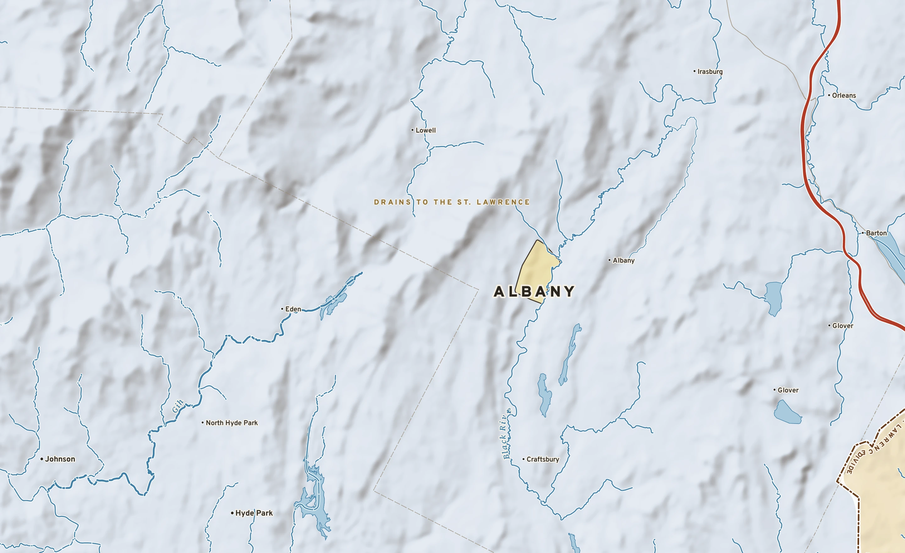 Shaded-relief atlas plate of Albany, Vermont: rivers, roads, the city limits and where the water drains.