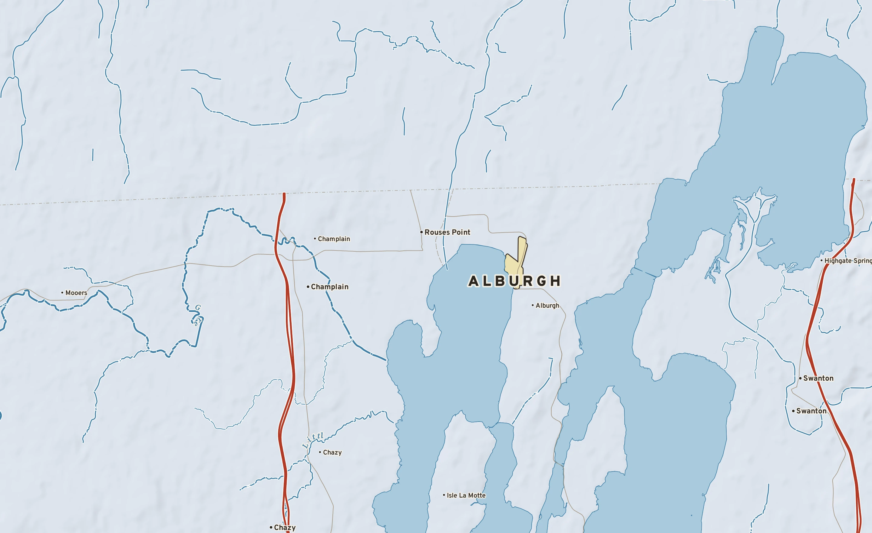 Shaded-relief atlas plate of Alburgh, Vermont: rivers, roads, the city limits and where the water drains.