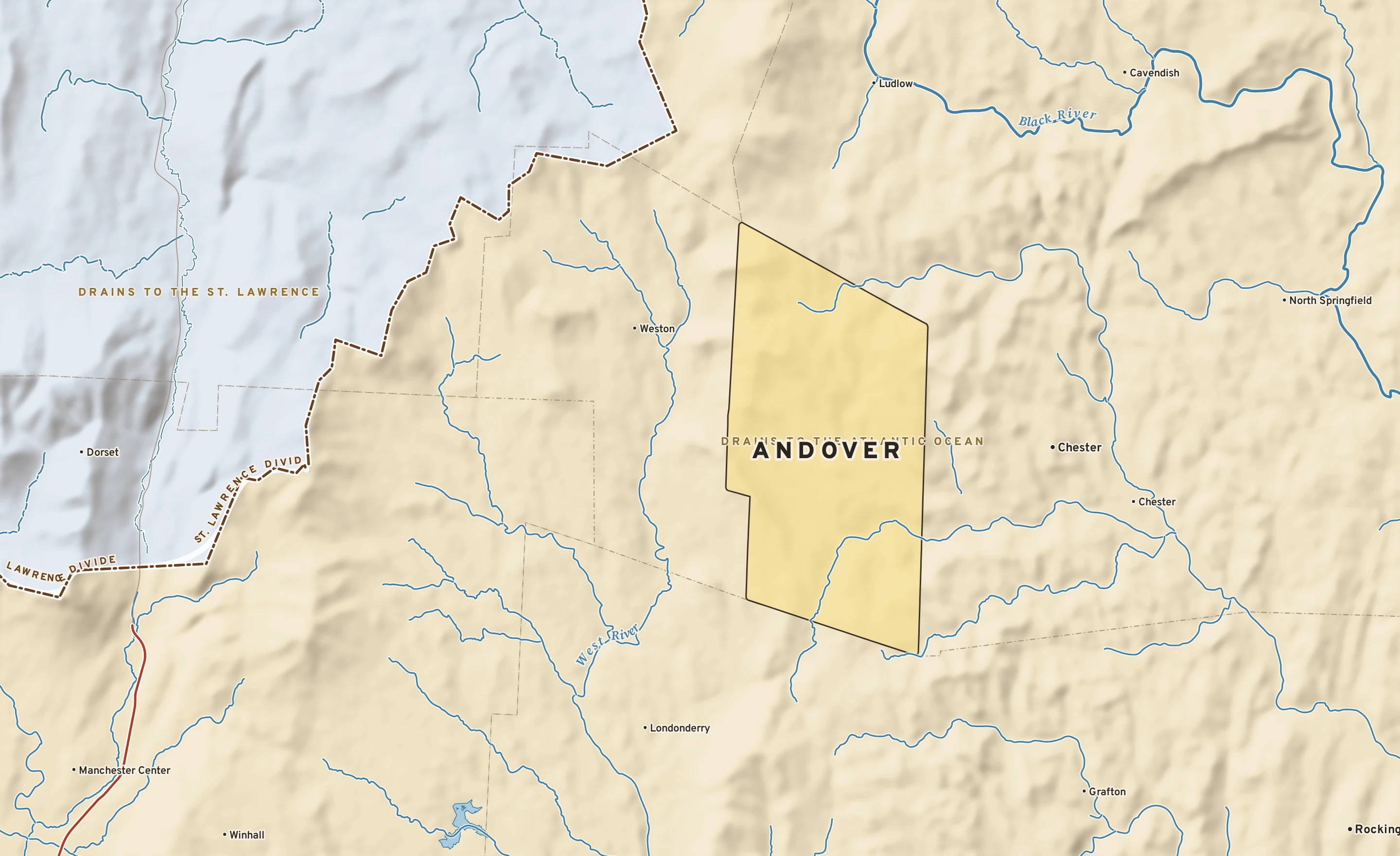 Shaded-relief atlas plate of Andover, Vermont: rivers, roads, the city limits and where the water drains.