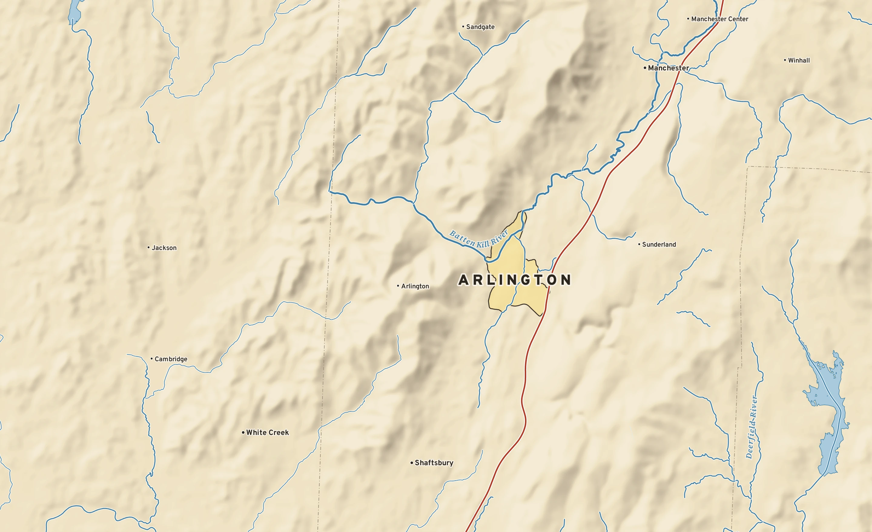 Shaded-relief atlas plate of Arlington, Vermont: rivers, roads, the city limits and where the water drains.