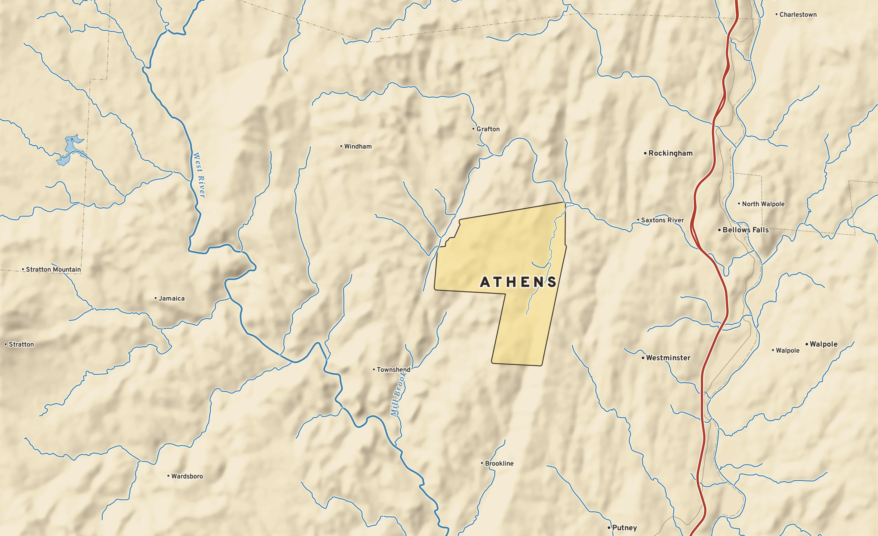 Shaded-relief atlas plate of Athens, Vermont: rivers, roads, the city limits and where the water drains.