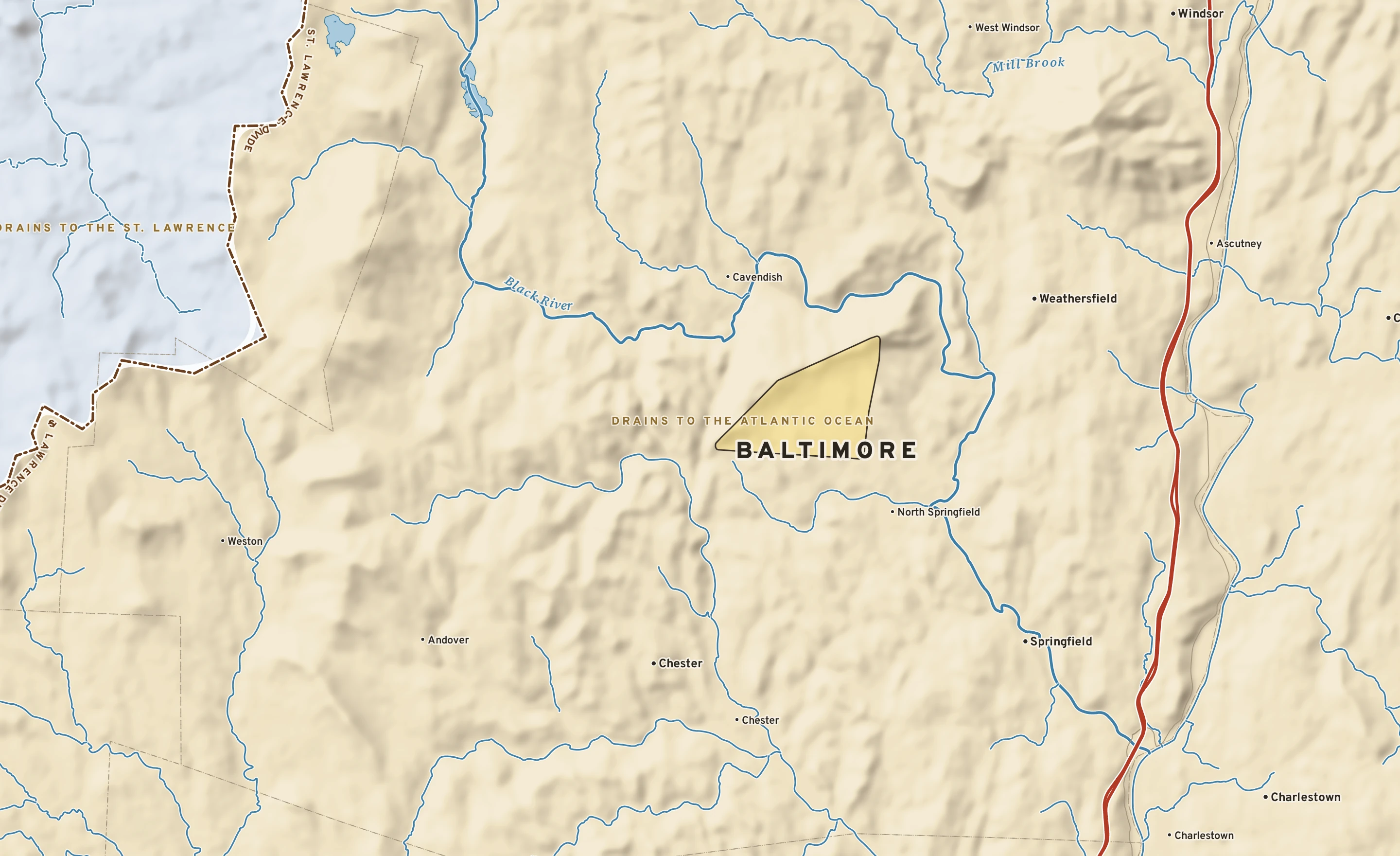 Shaded-relief atlas plate of Baltimore, Vermont: rivers, roads, the city limits and where the water drains.