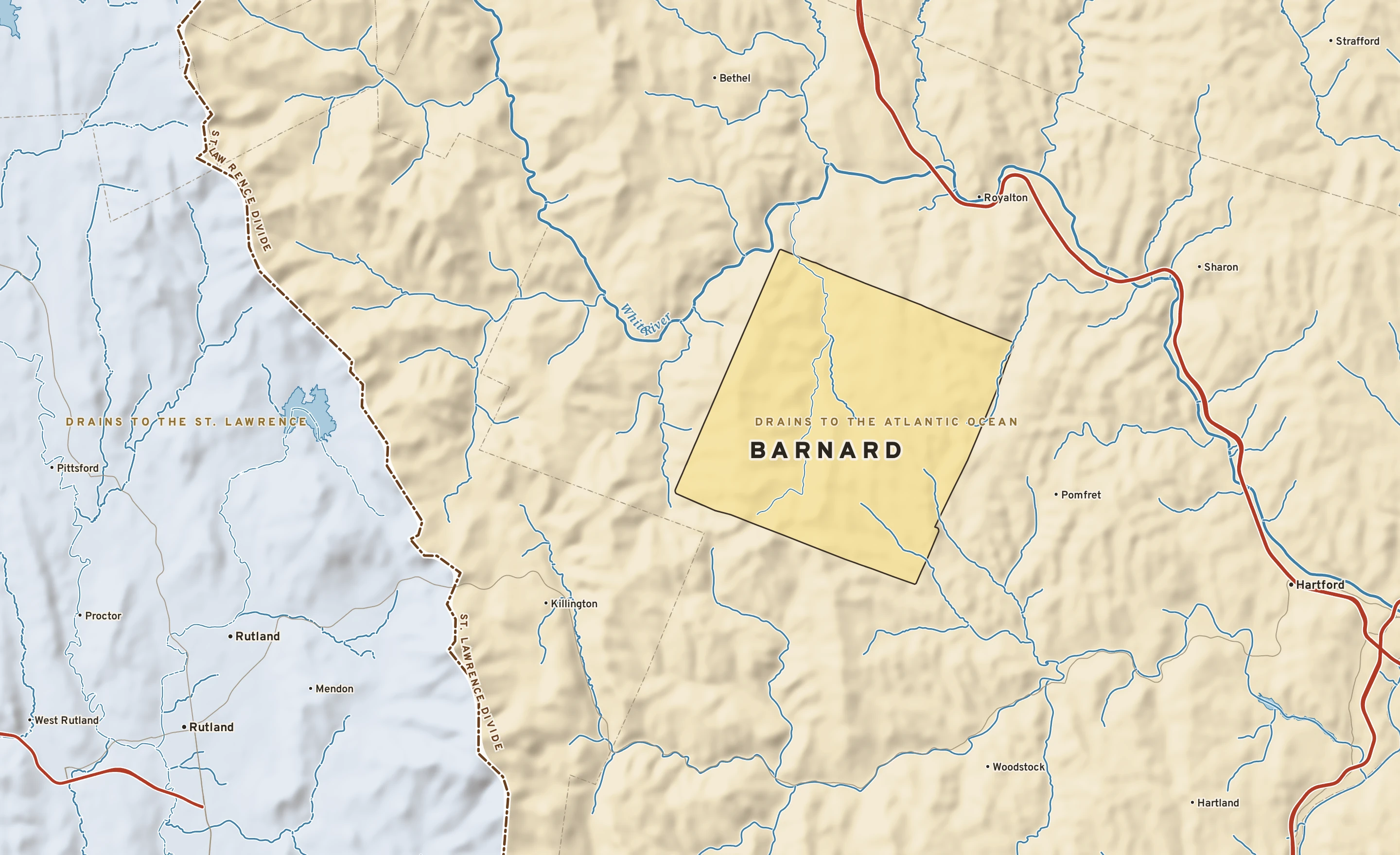 Shaded-relief atlas plate of Barnard, Vermont: rivers, roads, the city limits and where the water drains.