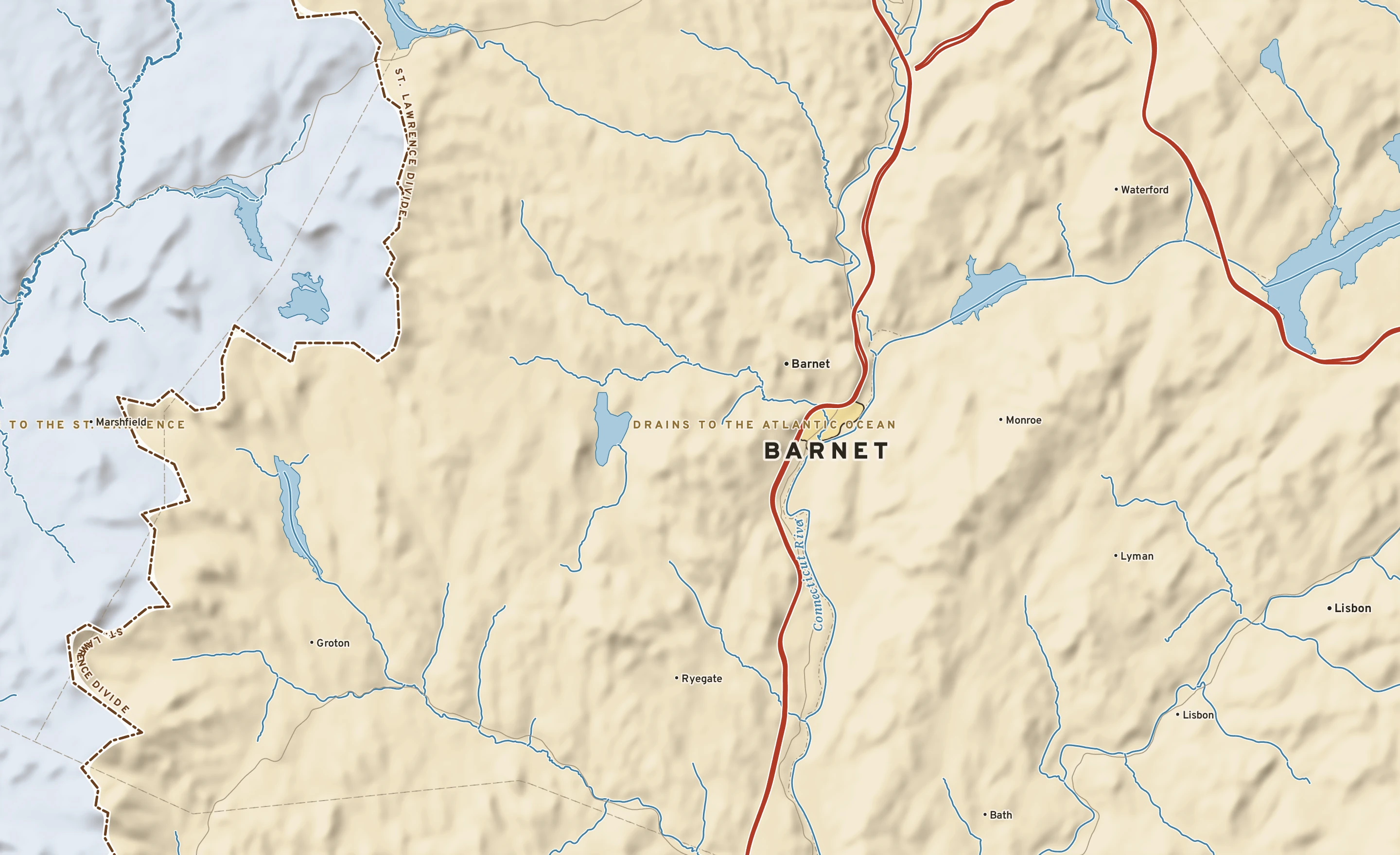 Shaded-relief atlas plate of Barnet, Vermont: rivers, roads, the city limits and where the water drains.