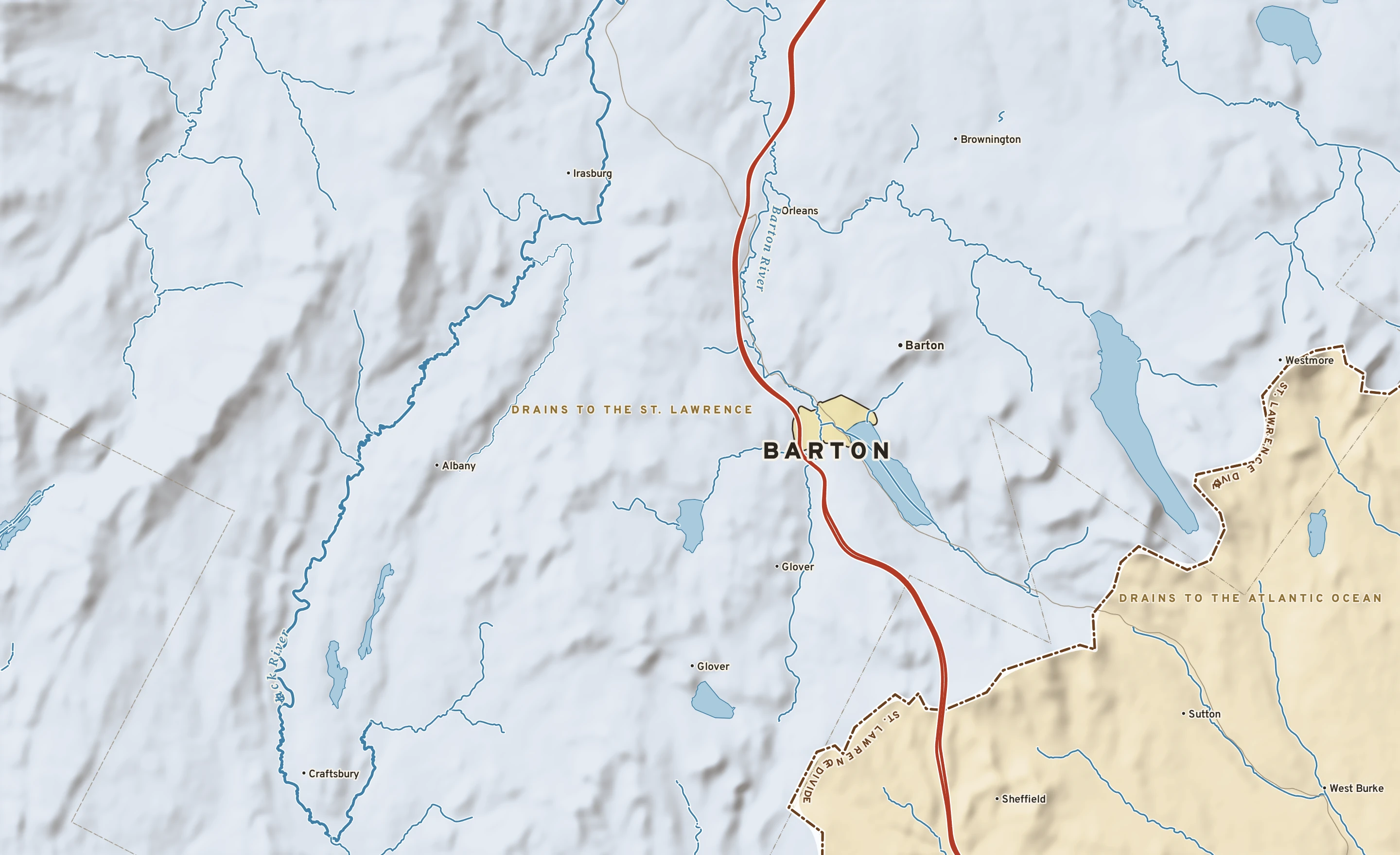 Shaded-relief atlas plate of Barton, Vermont: rivers, roads, the city limits and where the water drains.