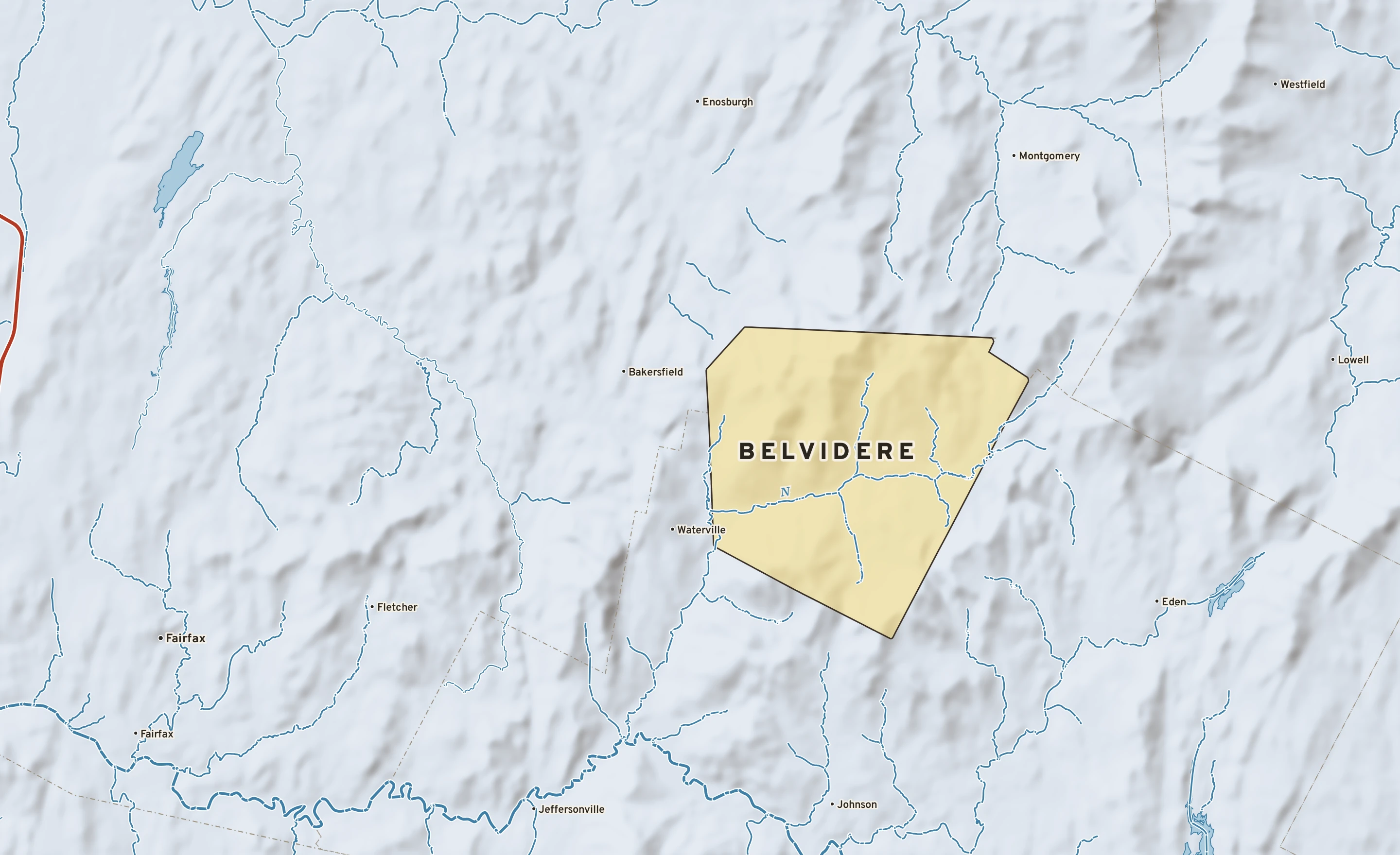 Shaded-relief atlas plate of Belvidere, Vermont: rivers, roads, the city limits and where the water drains.
