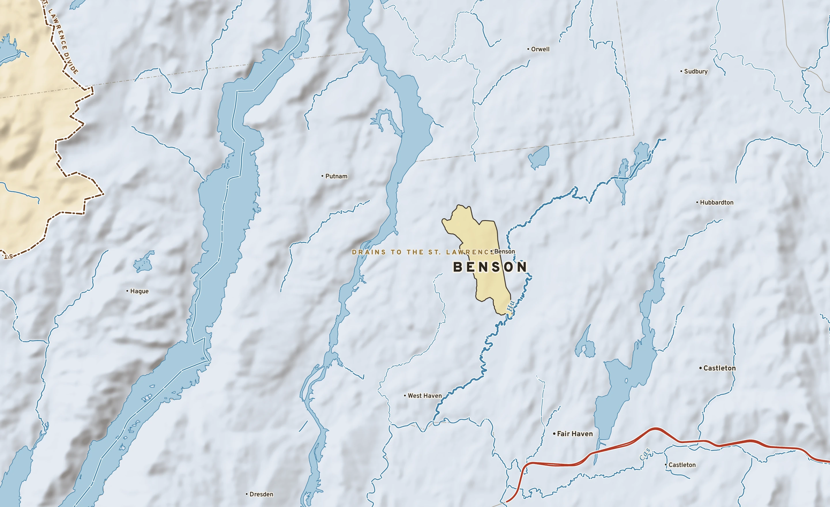 Shaded-relief atlas plate of Benson, Vermont: rivers, roads, the city limits and where the water drains.
