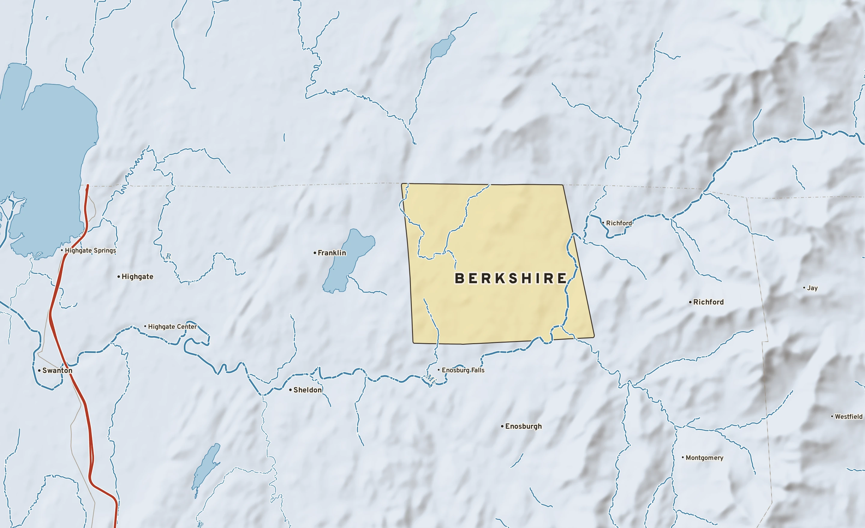 Shaded-relief atlas plate of Berkshire, Vermont: rivers, roads, the city limits and where the water drains.