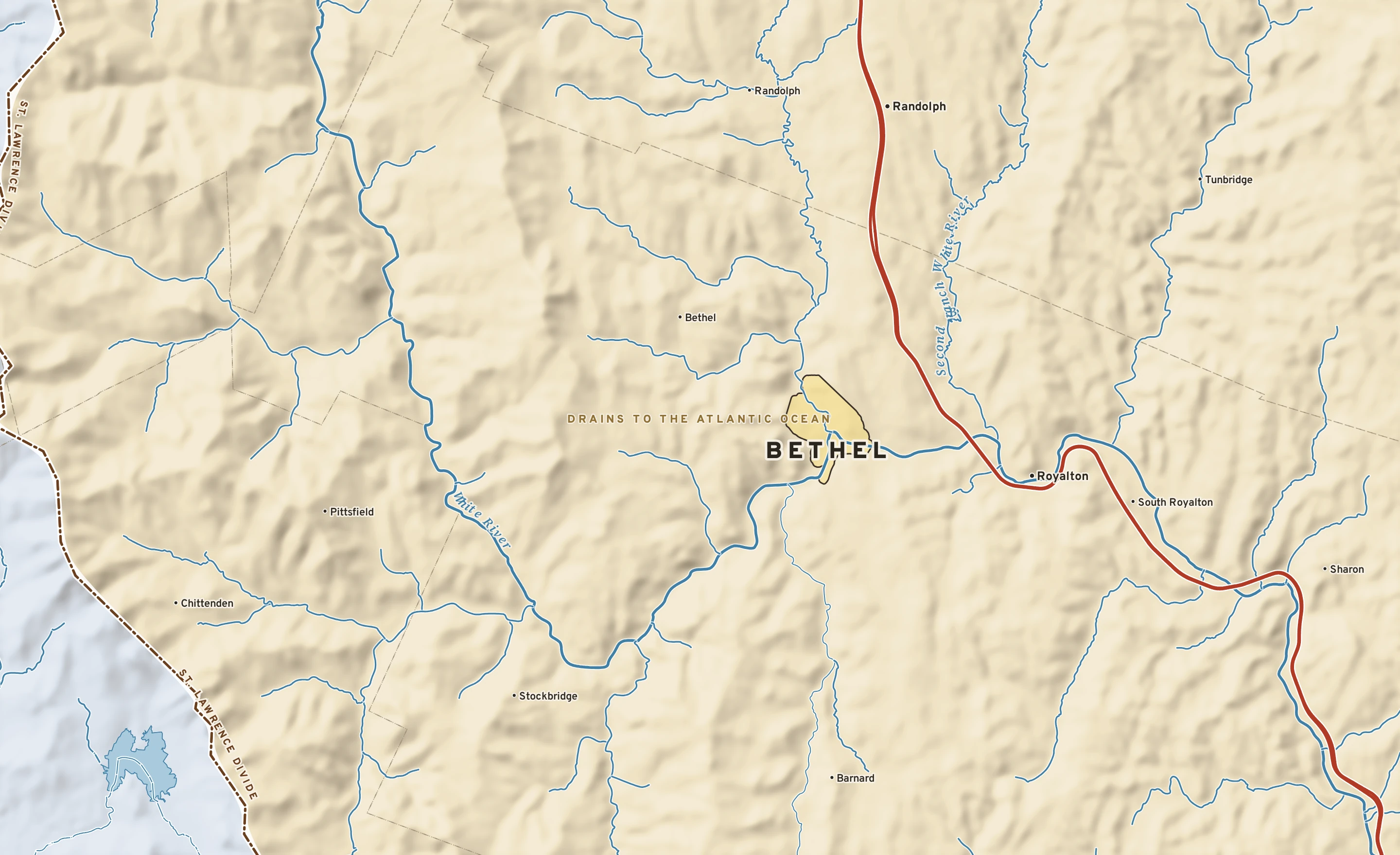 Shaded-relief atlas plate of Bethel, Vermont: rivers, roads, the city limits and where the water drains.