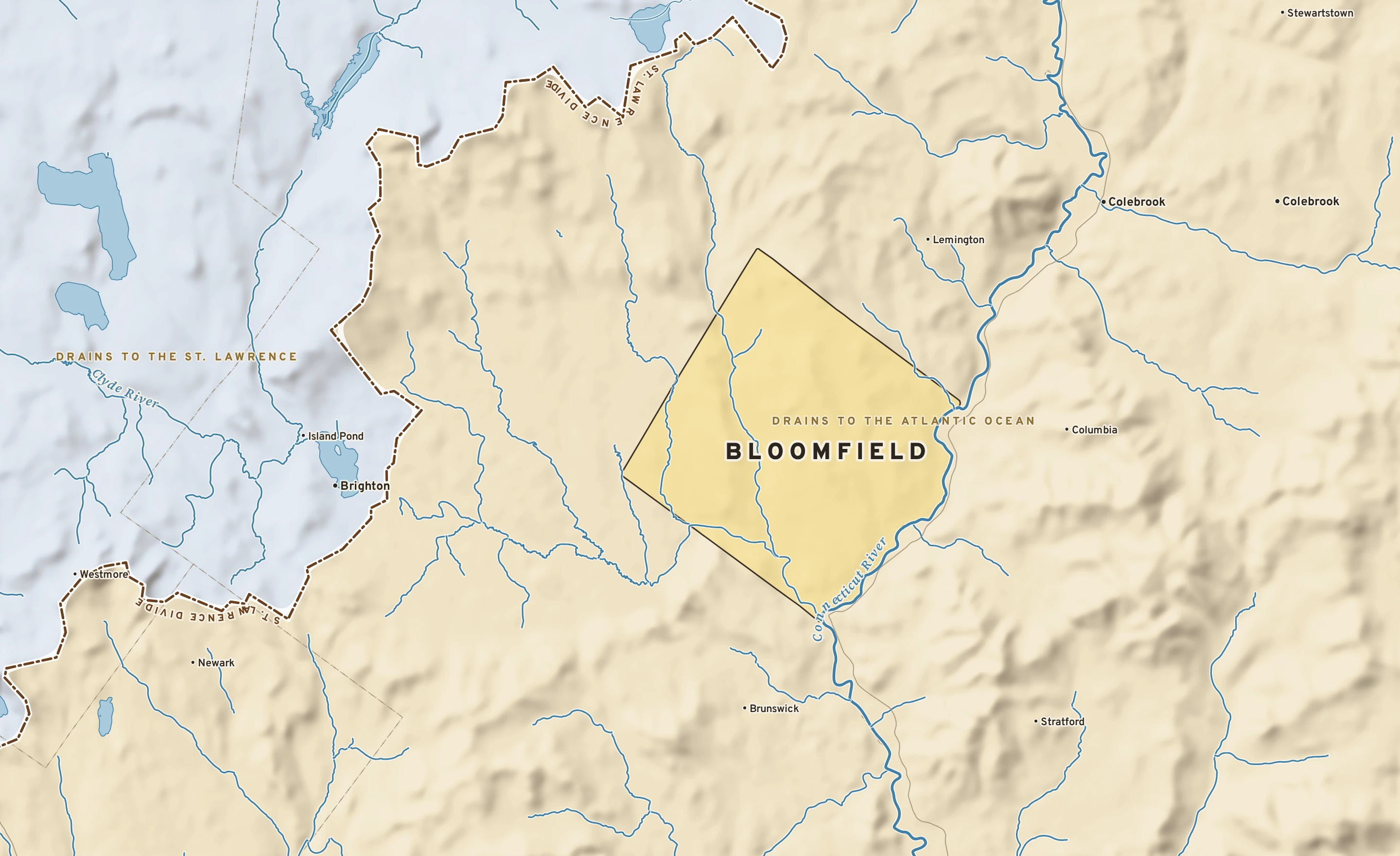 Shaded-relief atlas plate of Bloomfield, Vermont: rivers, roads, the city limits and where the water drains.