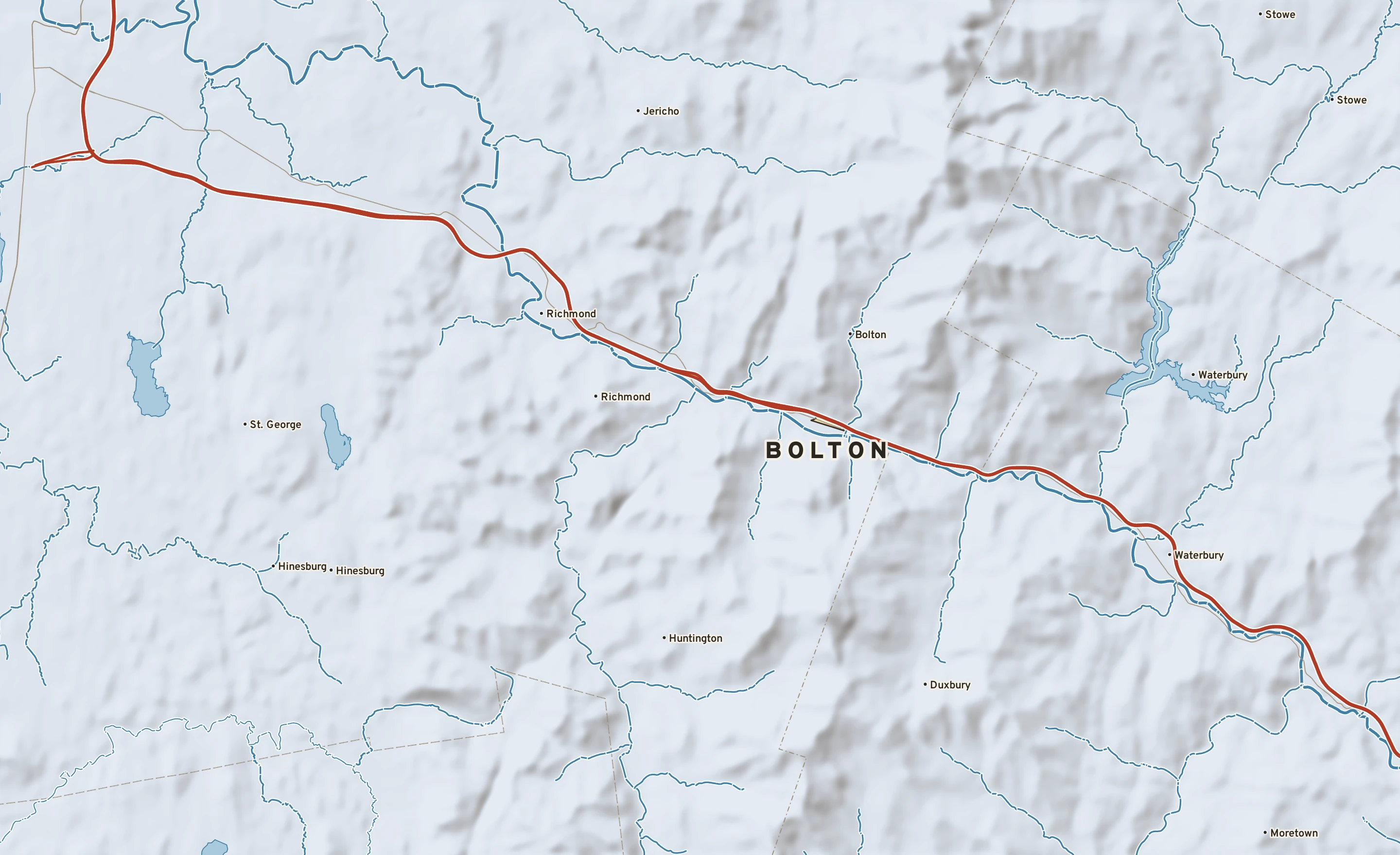 Shaded-relief atlas plate of Bolton, Vermont: rivers, roads, the city limits and where the water drains.