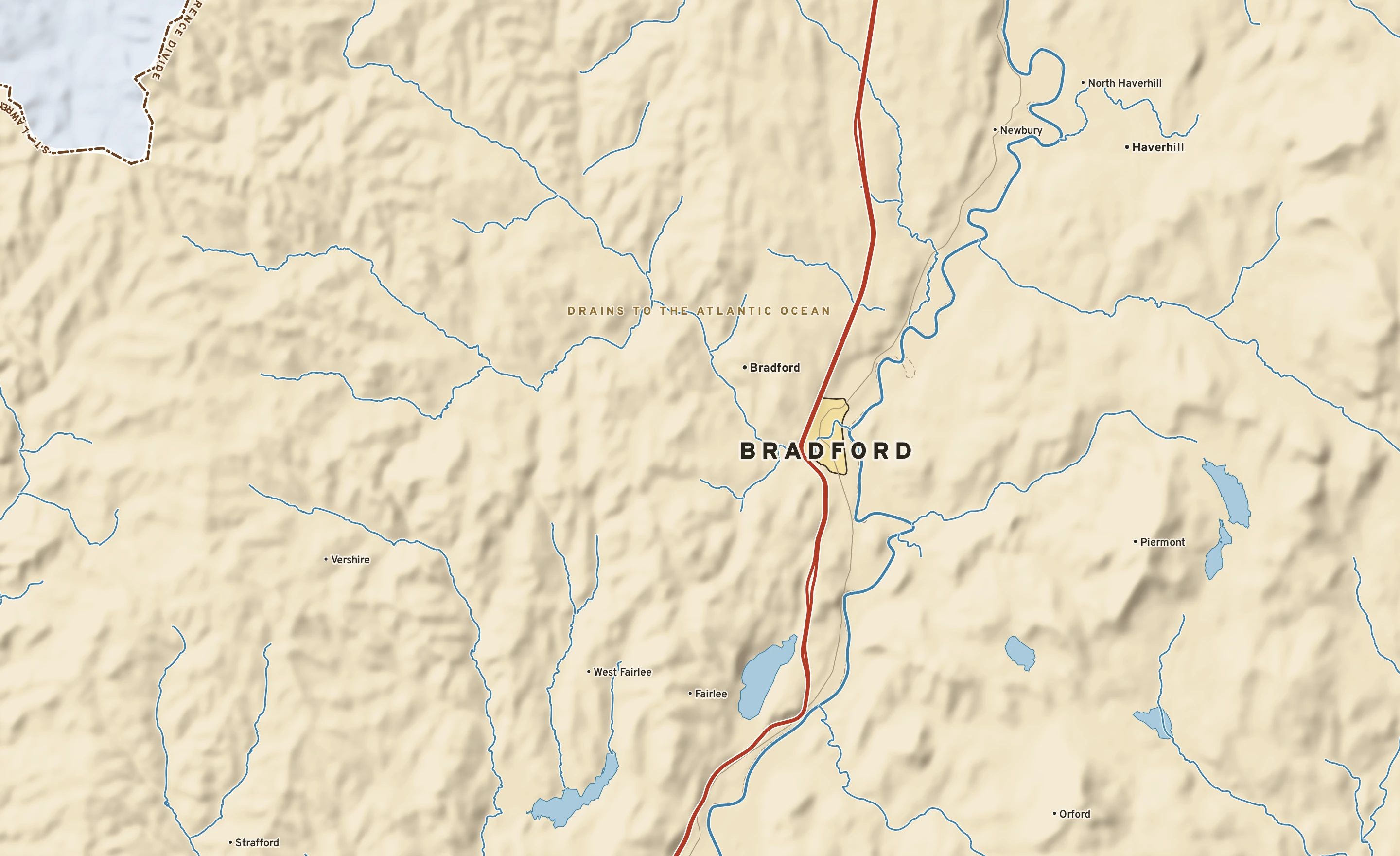 Shaded-relief atlas plate of Bradford, Vermont: rivers, roads, the city limits and where the water drains.