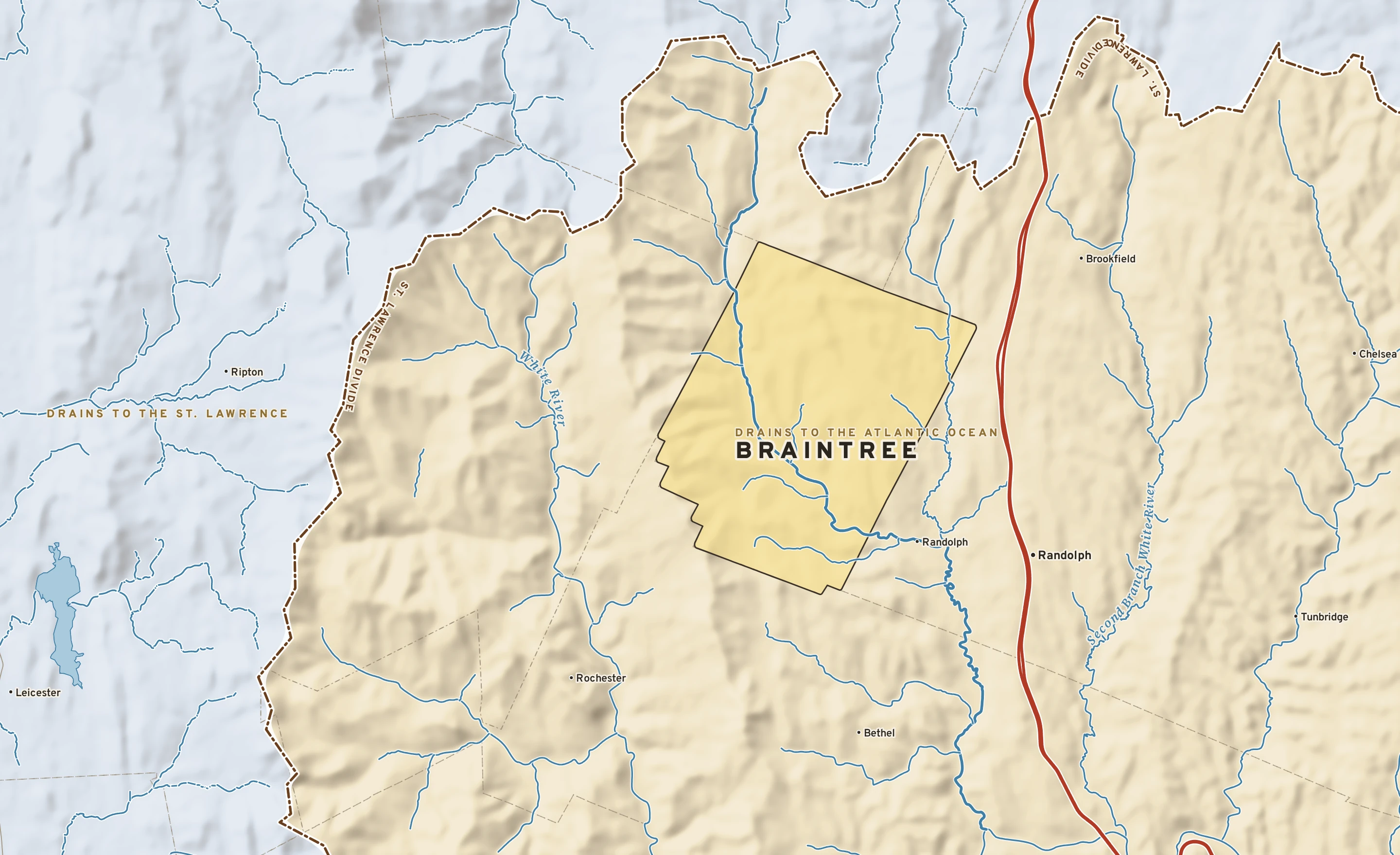 Shaded-relief atlas plate of Braintree, Vermont: rivers, roads, the city limits and where the water drains.
