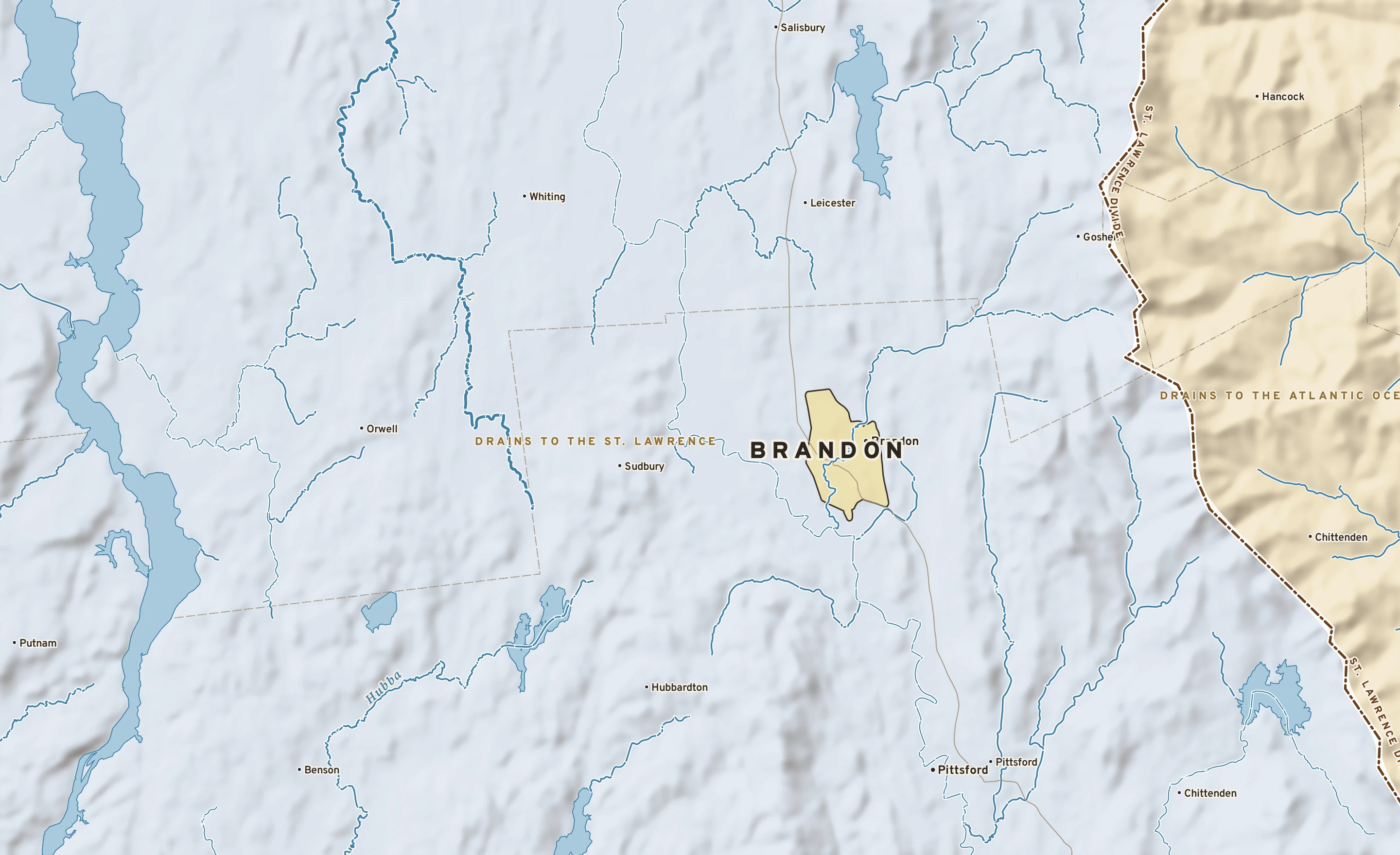 Shaded-relief atlas plate of Brandon, Vermont: rivers, roads, the city limits and where the water drains.