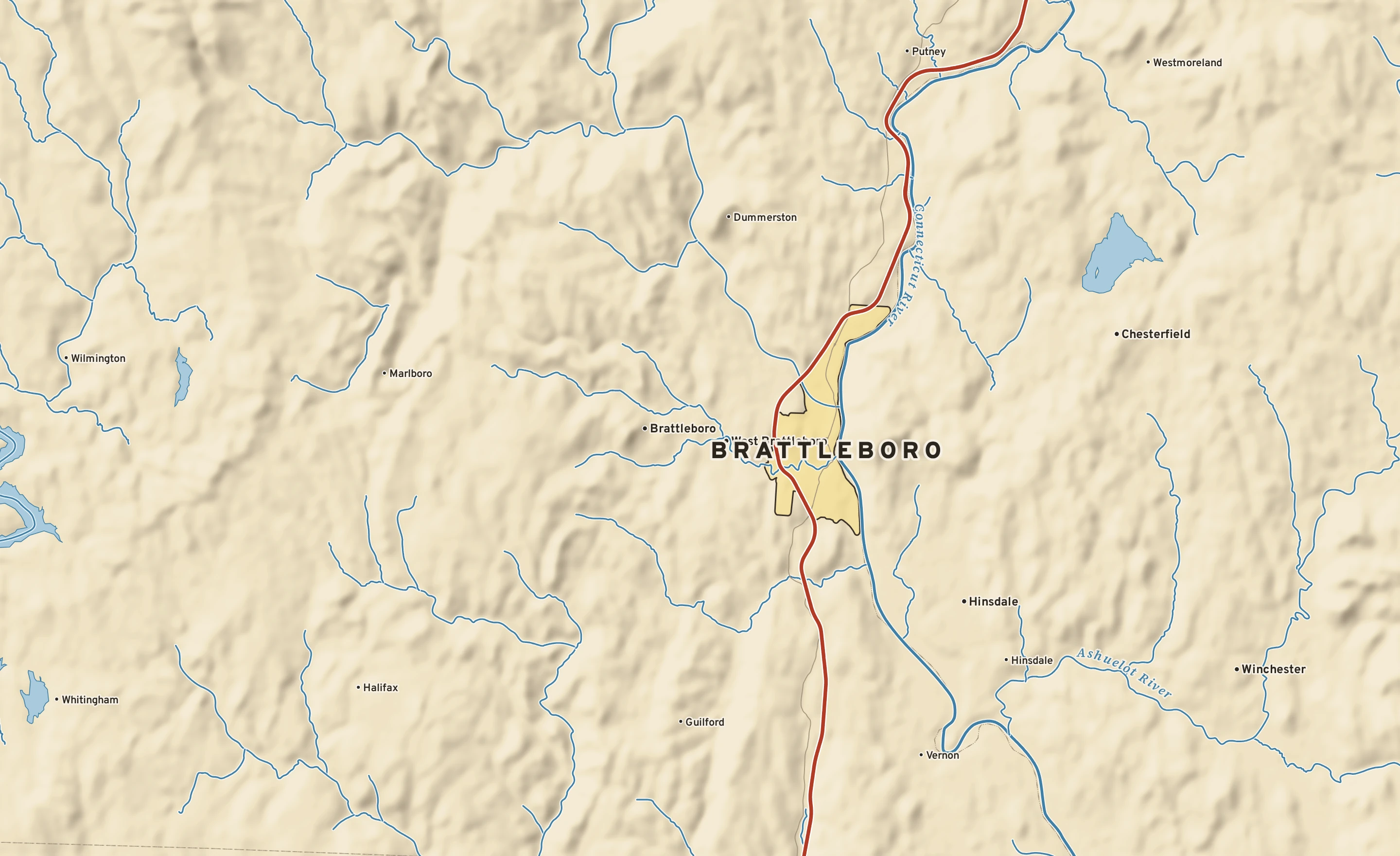 Shaded-relief atlas plate of Brattleboro, Vermont: rivers, roads, the city limits and where the water drains.
