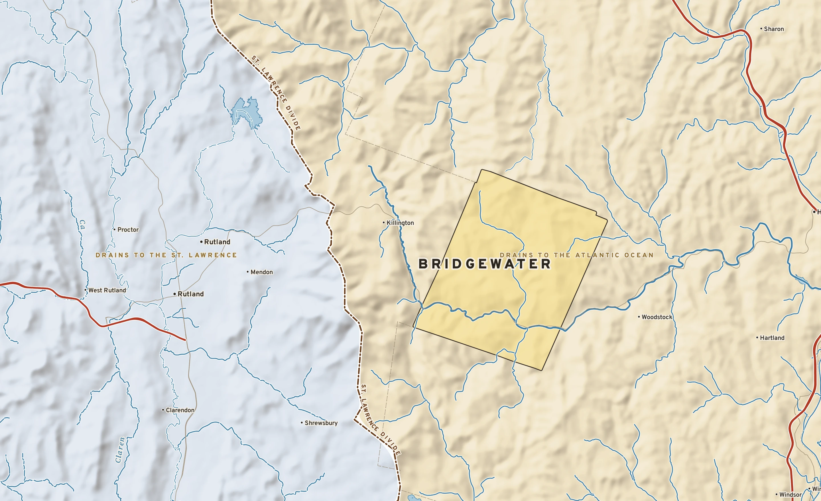Shaded-relief atlas plate of Bridgewater, Vermont: rivers, roads, the city limits and where the water drains.