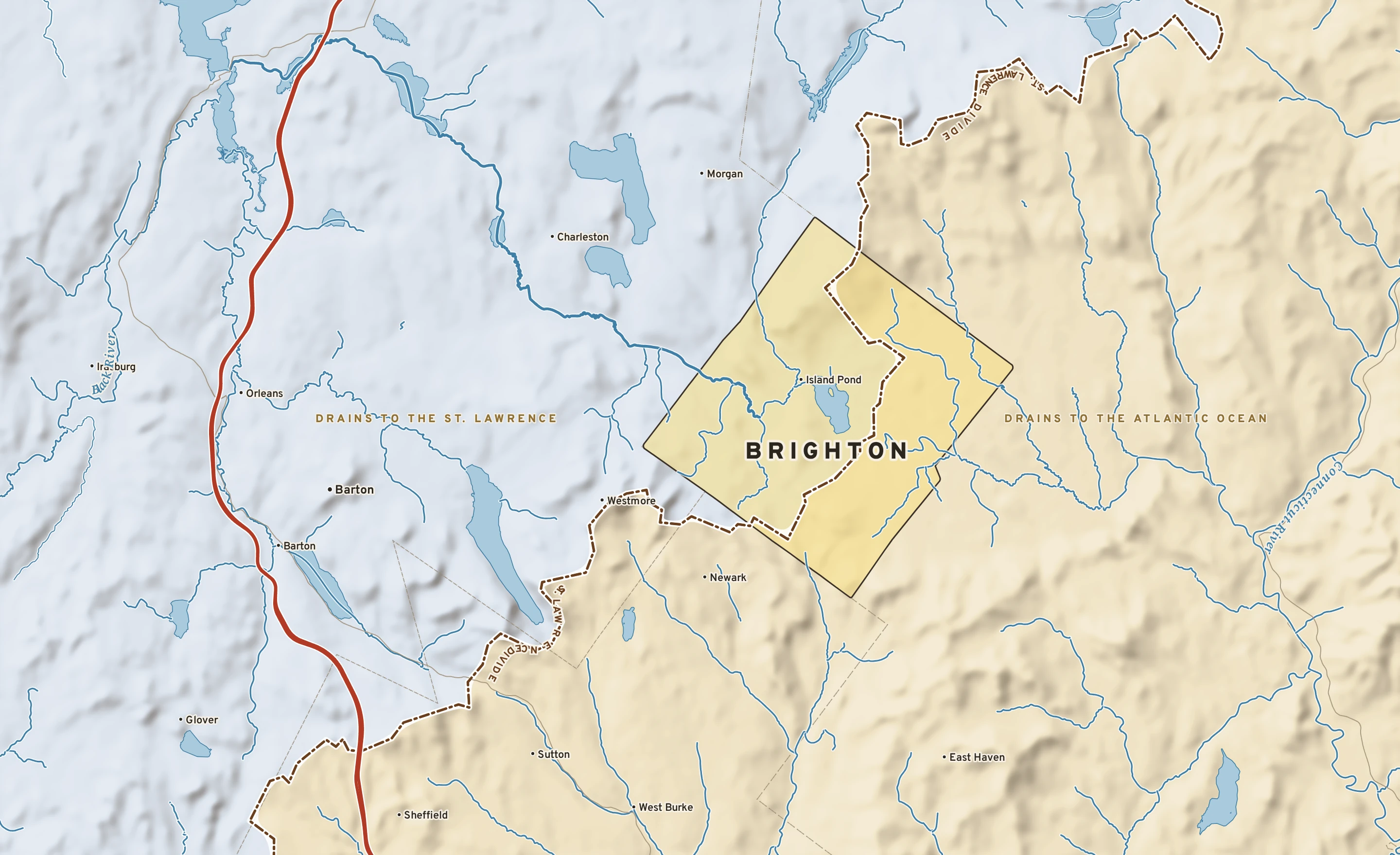 Shaded-relief atlas plate of Brighton, Vermont: rivers, roads, the city limits and where the water drains.