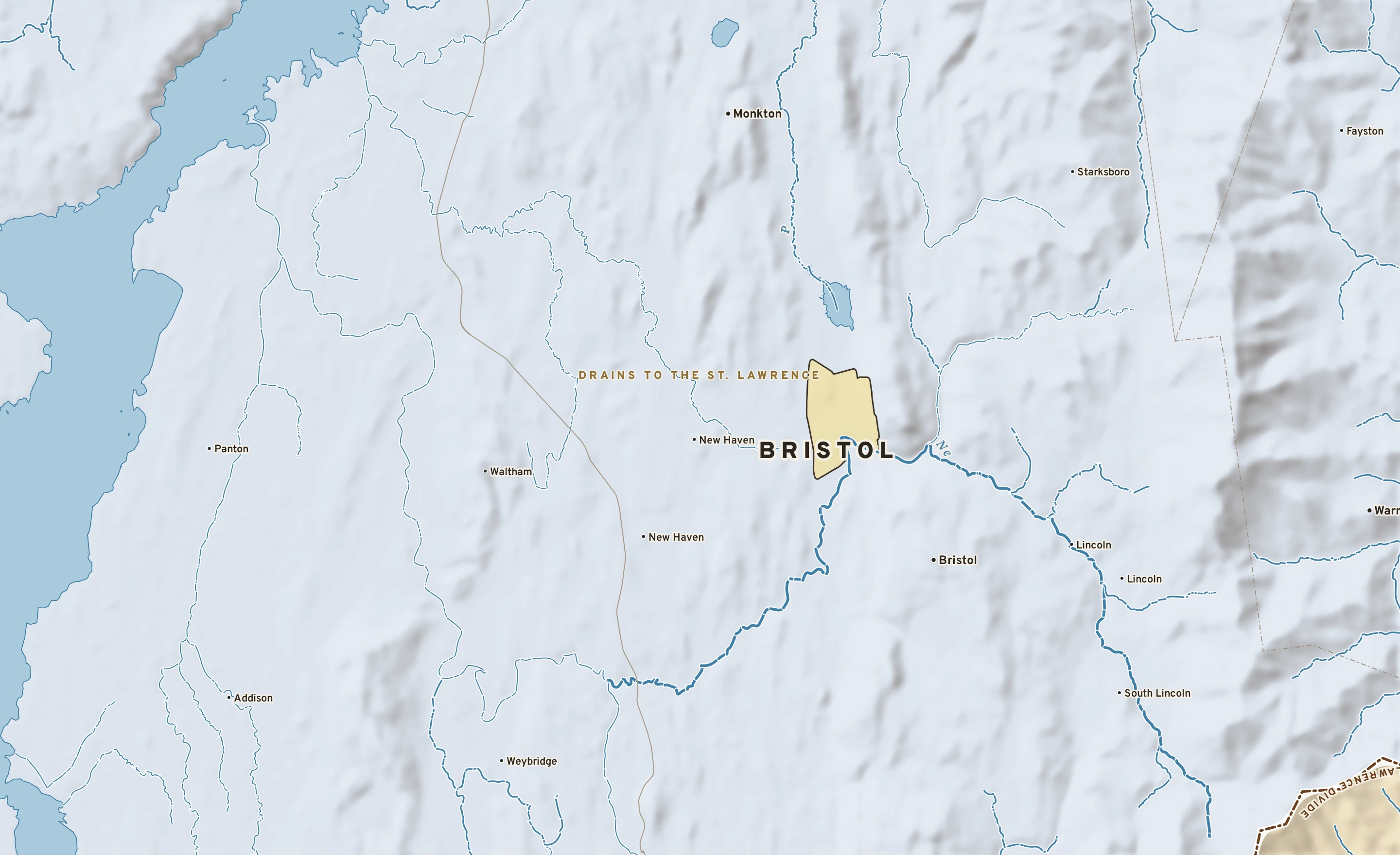 Shaded-relief atlas plate of Bristol, Vermont: rivers, roads, the city limits and where the water drains.
