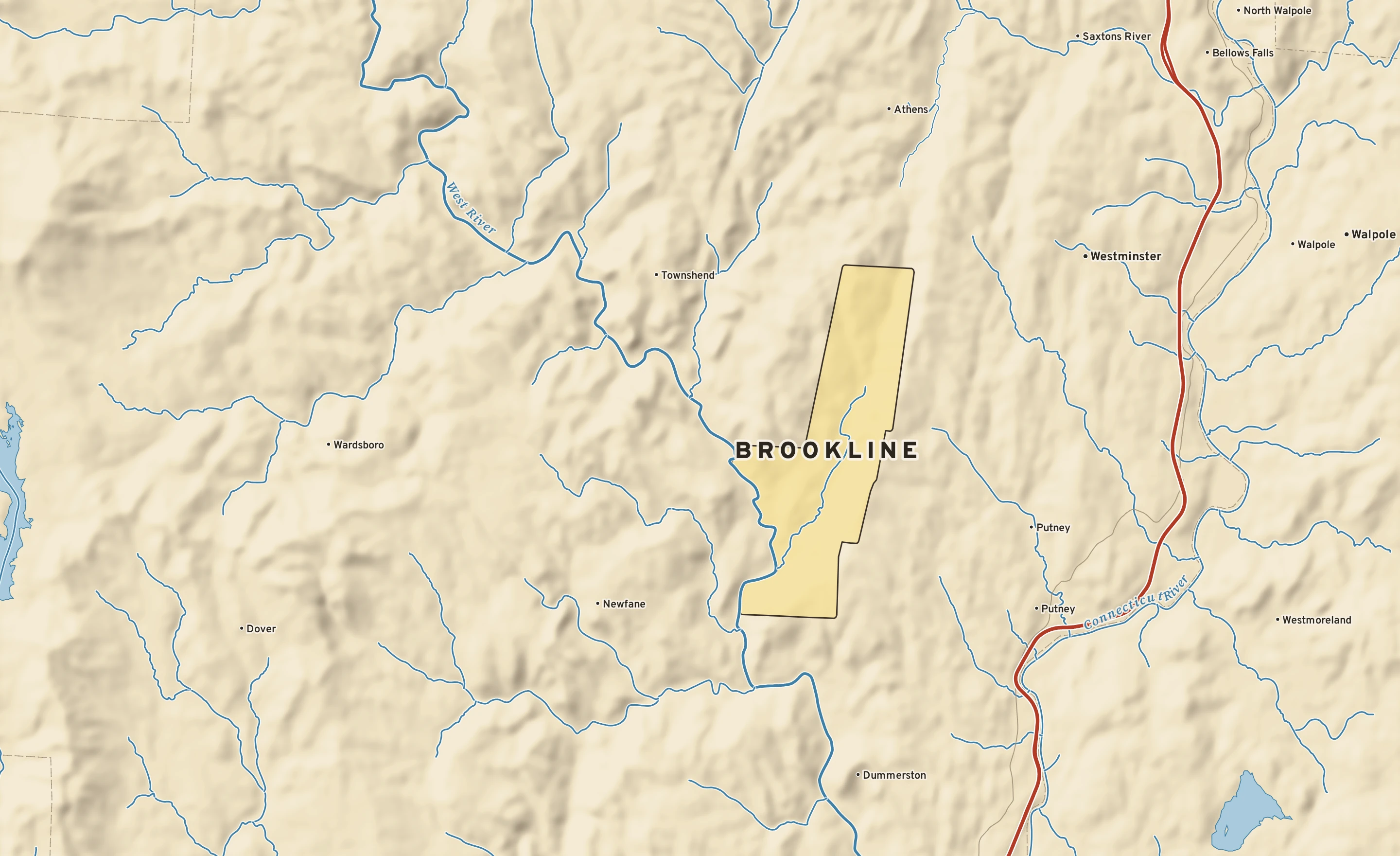 Shaded-relief atlas plate of Brookline, Vermont: rivers, roads, the city limits and where the water drains.