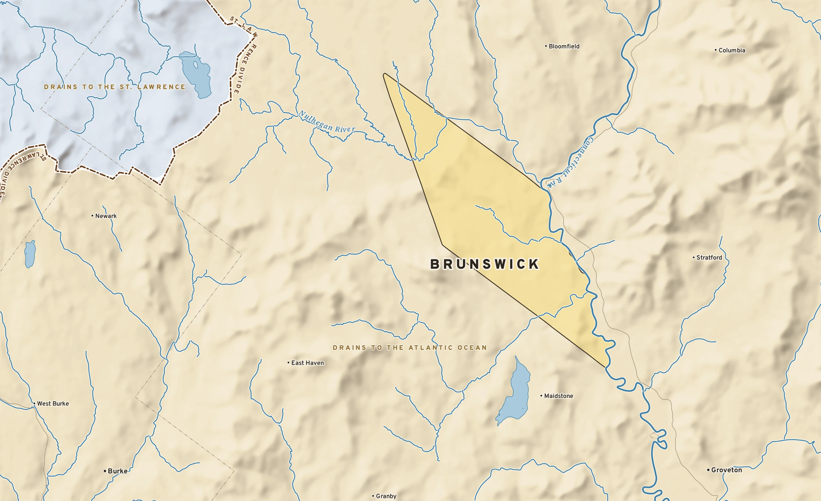 Shaded-relief atlas plate of Brunswick, Vermont: rivers, roads, the city limits and where the water drains.