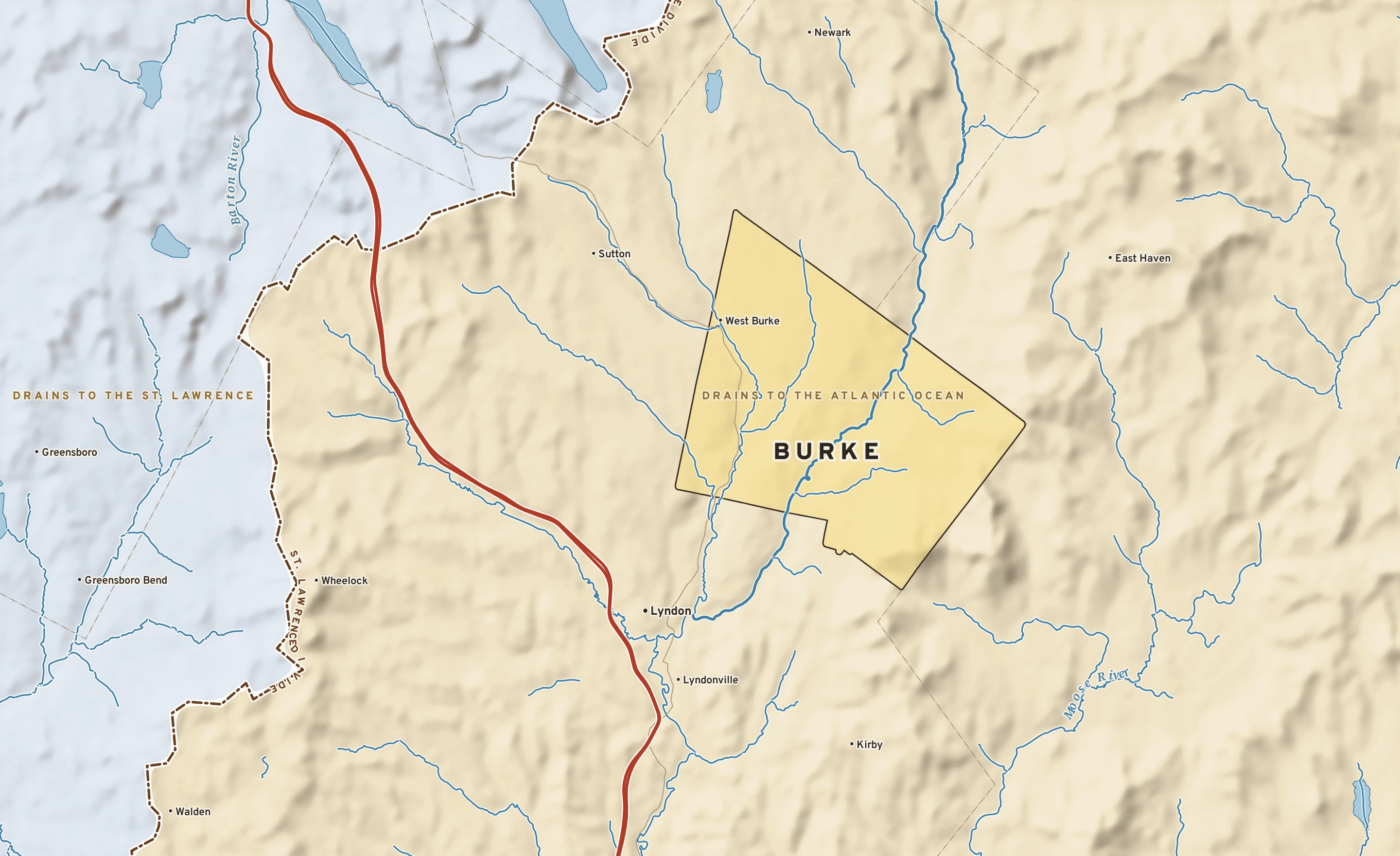 Shaded-relief atlas plate of Burke, Vermont: rivers, roads, the city limits and where the water drains.