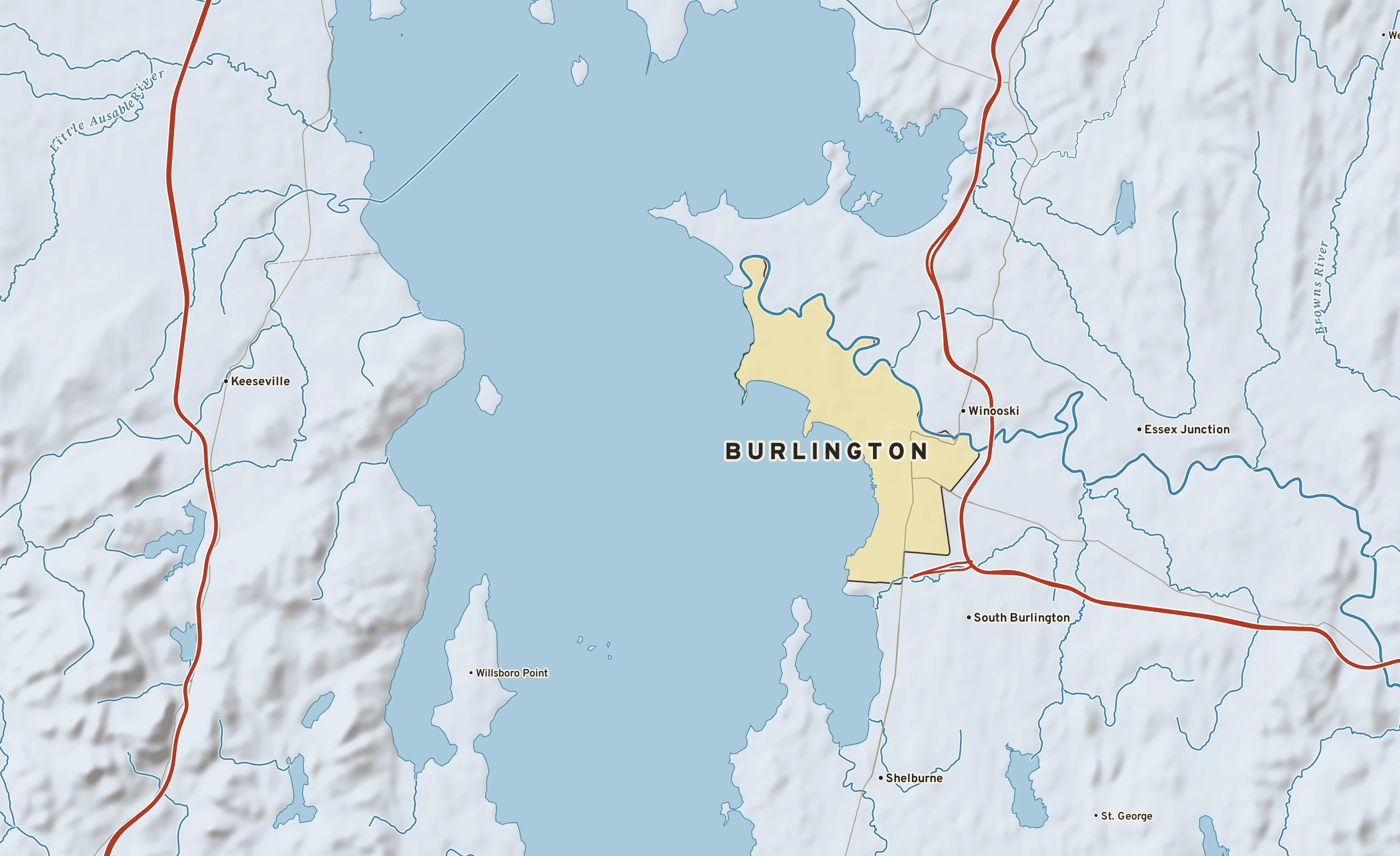 Shaded-relief atlas plate of Burlington, Vermont: rivers, roads, the city limits and where the water drains.
