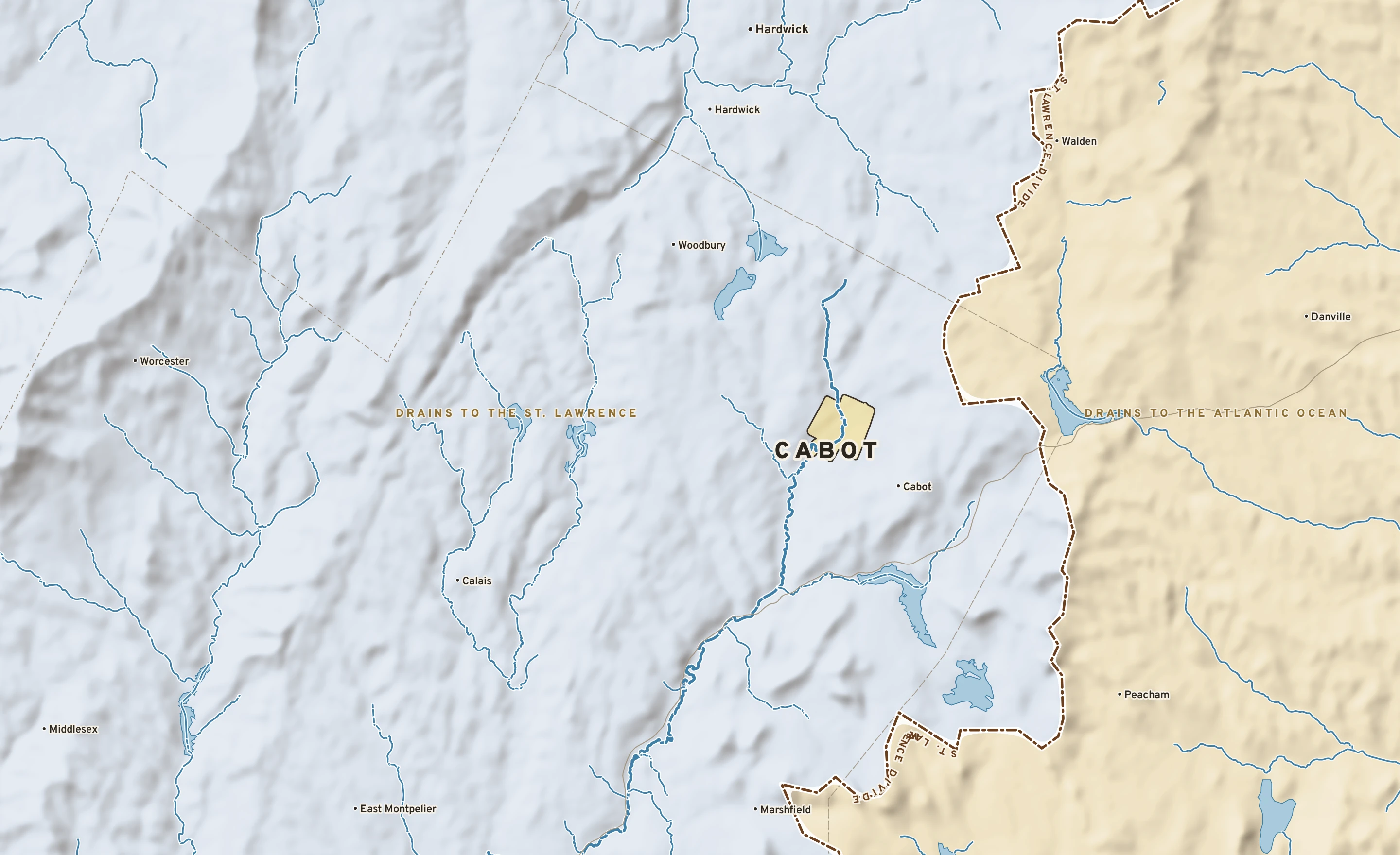 Shaded-relief atlas plate of Cabot, Vermont: rivers, roads, the city limits and where the water drains.