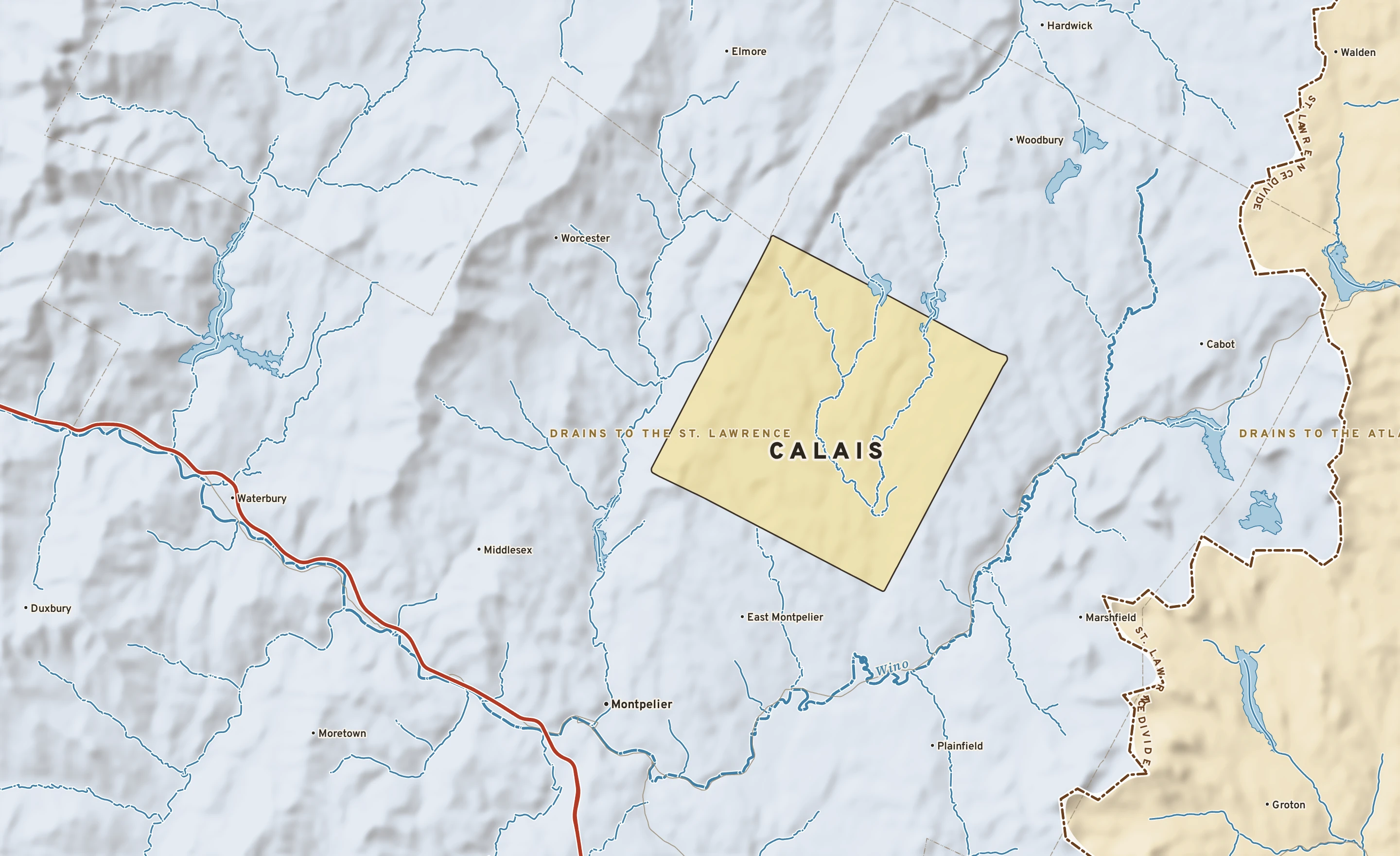 Shaded-relief atlas plate of Calais, Vermont: rivers, roads, the city limits and where the water drains.
