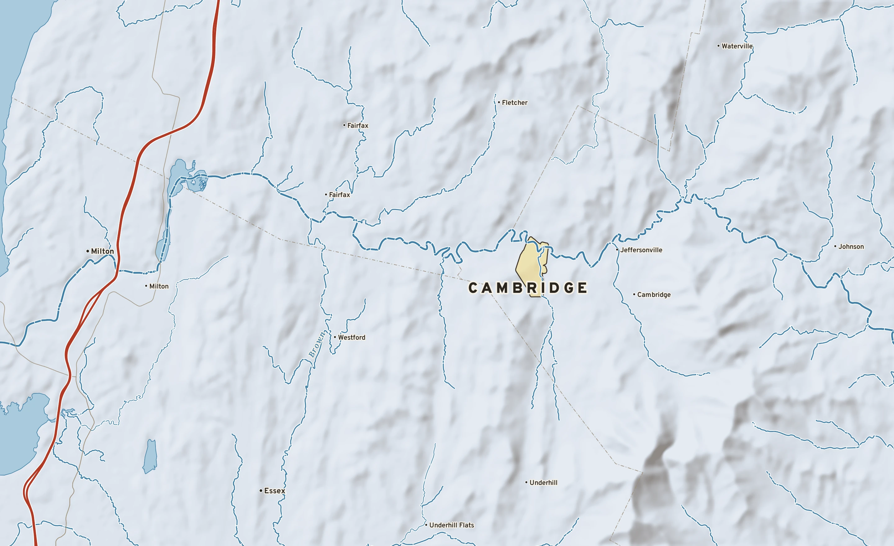 Shaded-relief atlas plate of Cambridge, Vermont: rivers, roads, the city limits and where the water drains.